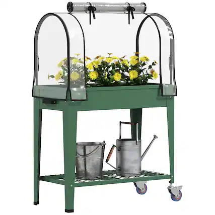 Front. Outsunny - Garden Bed with Greenhouse Cover, Metal Outdoor Planter Box with Lockable Wheels.