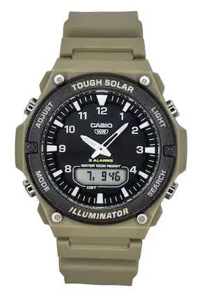 TOUGH SOLAR
12 ADJUST
11 CASIO
10 WR 2
9 3 5 ALARMS
WATER 100M RESIST
8 4 7
9% 9 MODE
DST SEARCH
ILLUMINATOR