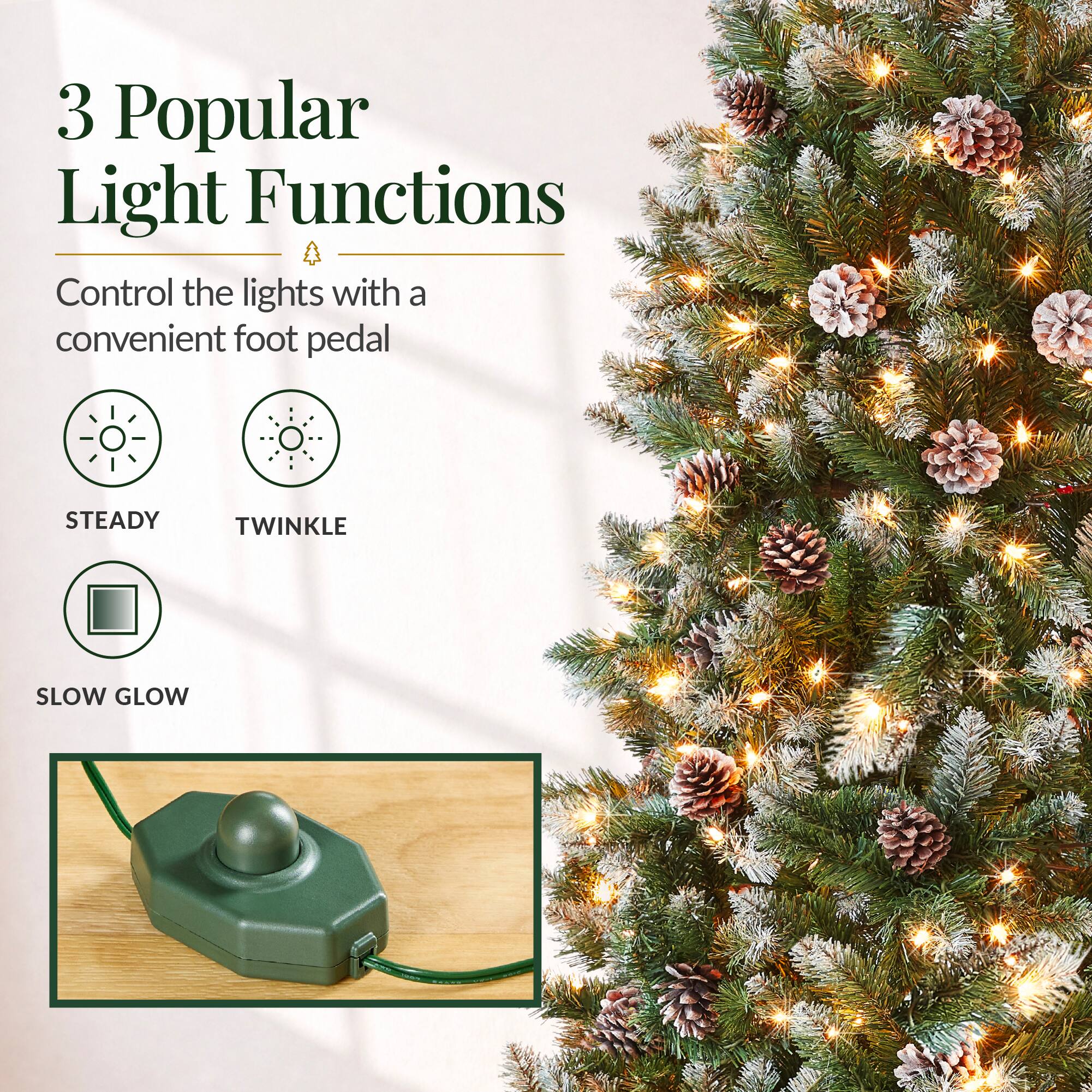 3 Popular Light Functions  
Control the lights with a convenient foot pedal  
STEADY  
TWINKLE  
SLOW GLOW