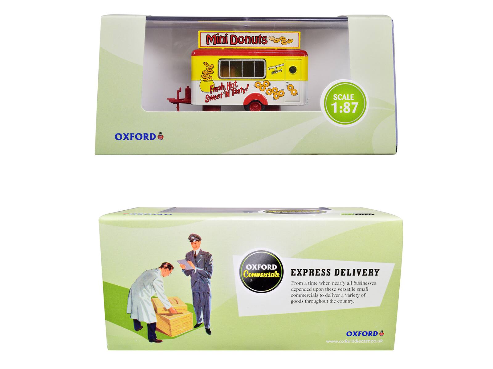 Mini Donuts Fresh, Hot, Tasty! Sweet 'N Tasty!  
SCALE 1:87  
OXFORD  
OXFORD Commercials  
EXPRESS DELIVERY  
From a time when nearly all businesses depended upon these versatile small commercials to deliver a variety of goods throughout the country.  
www.oxforddiecast.co.uk
