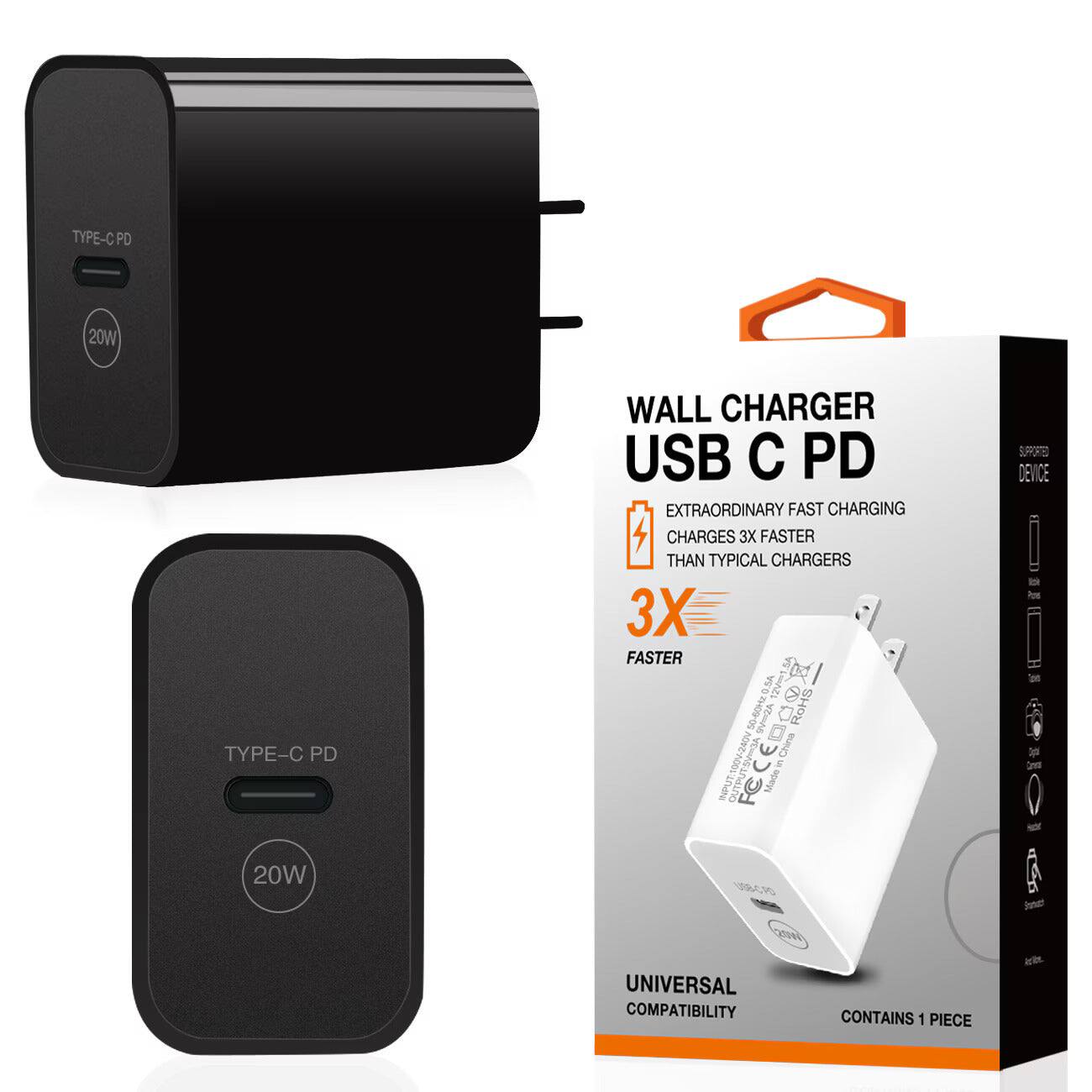 Reiko - 20W Power Delivery Travel Wall Charger Adapter With Type-C Port In - Black