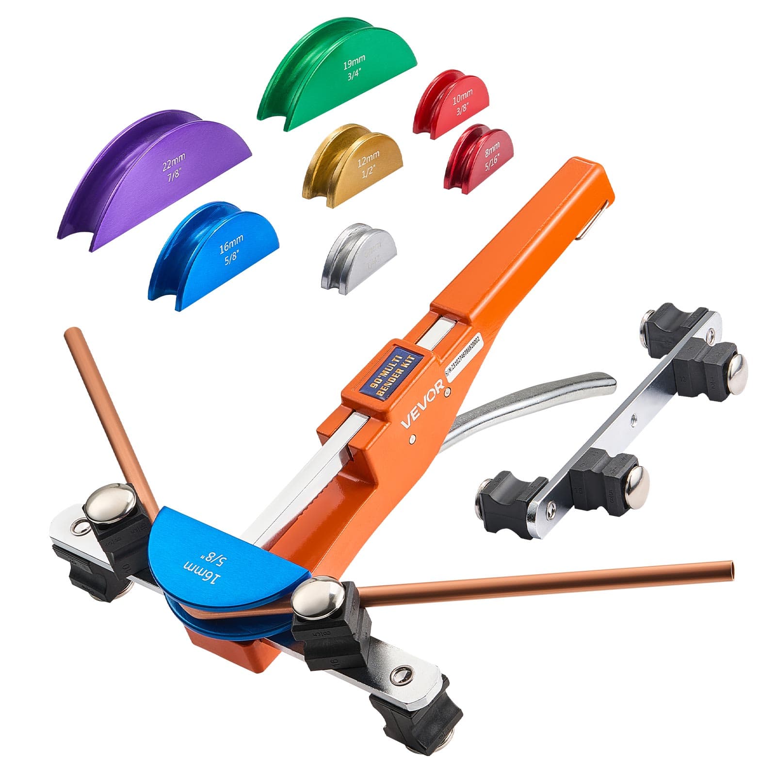 VEVOR - Tubing Bender Kit, 1/4 to 7/8 Inch, Compact Ratcheting Tube Pipe Bender, Ratchet Hand Bending Tool, with 7 Color Dies - Orange
