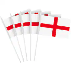 Front. G128 - 24-Pack Handheld England Flags 4 x 6 in, Printed 150D Polyester, Plastic Stick with Spear Tip - Assorted Colors.