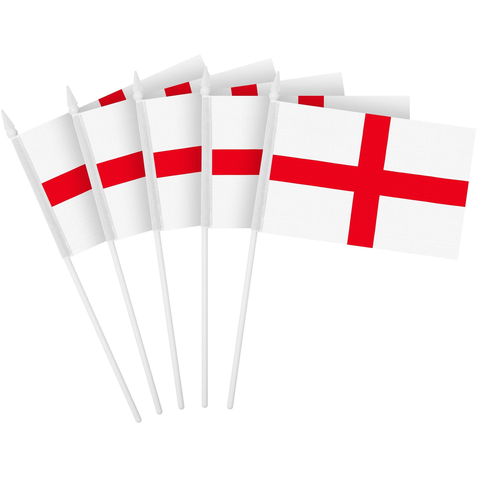 Front. G128 - 24-Pack Handheld England Flags 4 x 6 in, Printed 150D Polyester, Plastic Stick with Spear Tip - Assorted Colors.
