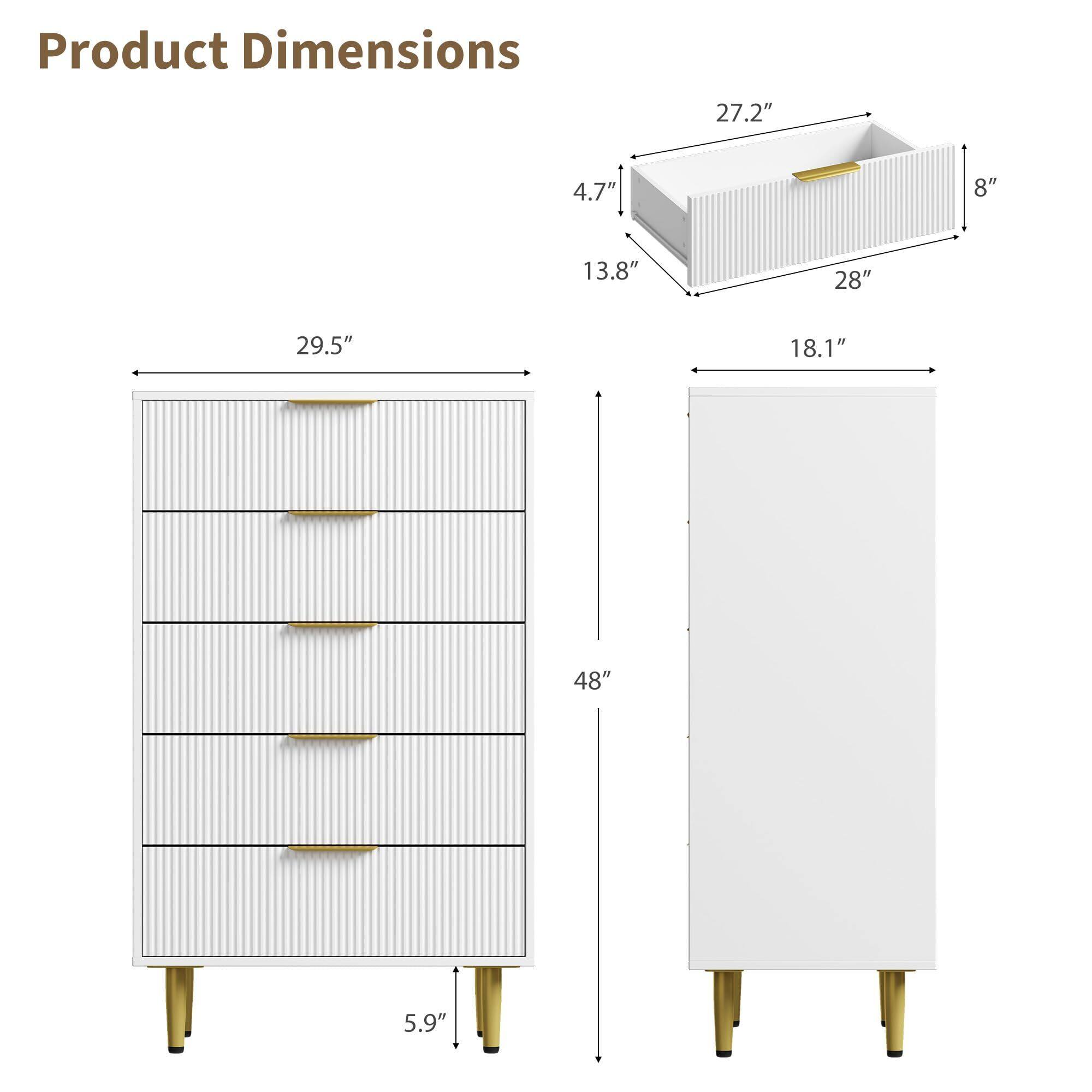 Alt View 2. Acekool - Fluted Dresser for Bedroom with 5 Drawers, Wooden Chest of Drawers with Metal Handle & Feet - White.