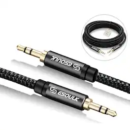 Esoulk - 10 Feet Long 3.5mm (1/8") Male to Male Stereo Auxiliary Audio Cable Cord Braided - Black