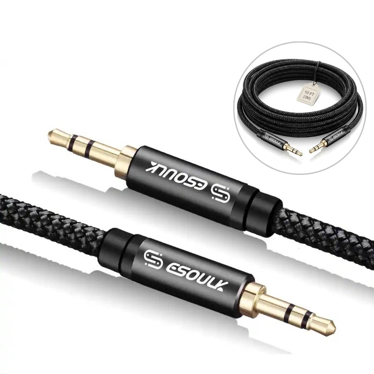 Esoulk - 10 Feet Long 3.5mm (1/8") Male to Male Stereo Auxiliary Audio Cable Cord Braided - Black