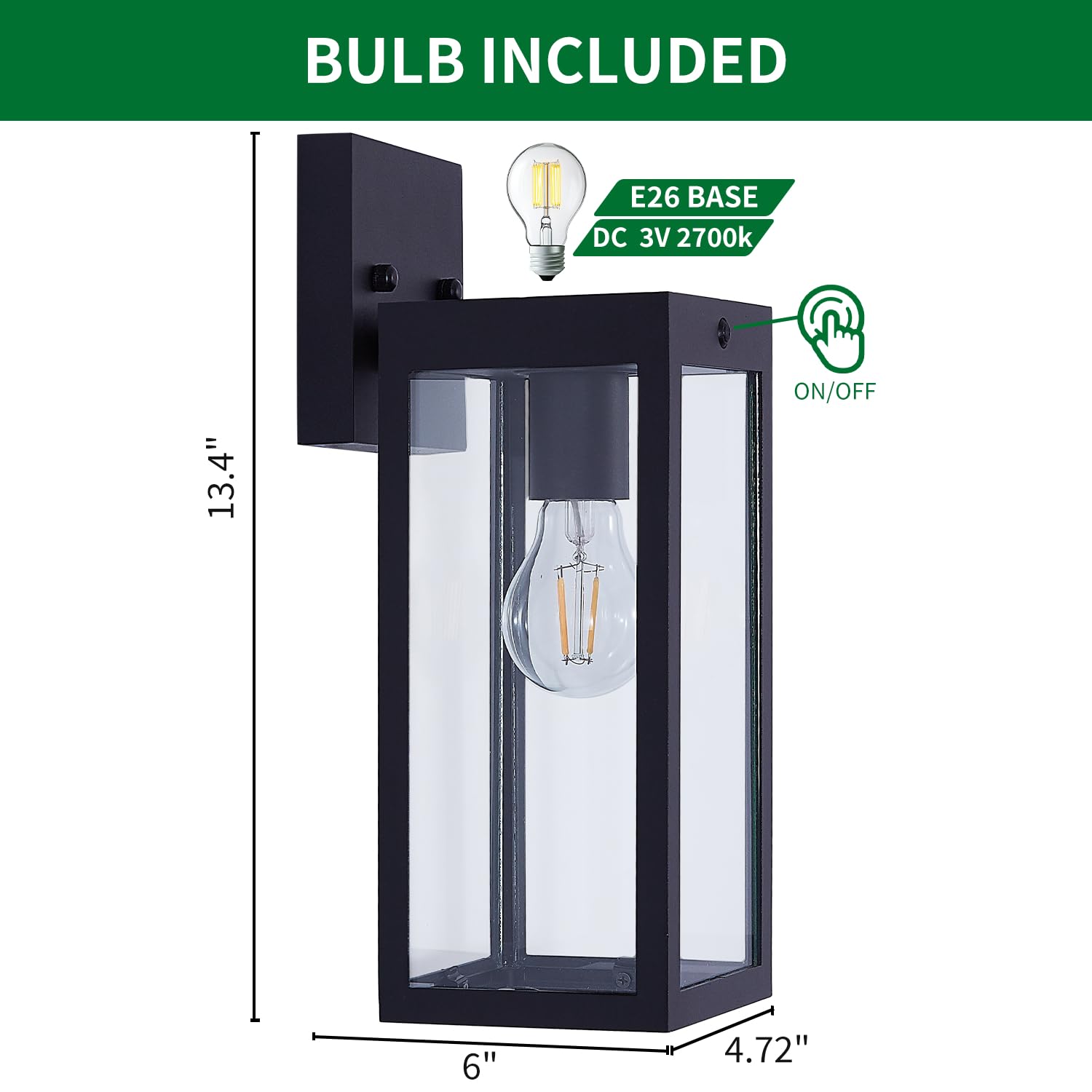 BULB INCLUDED  
E26 BASE  
DC 3V 2700k  
ON/OFF  
13.4"  
6"  
4.72"