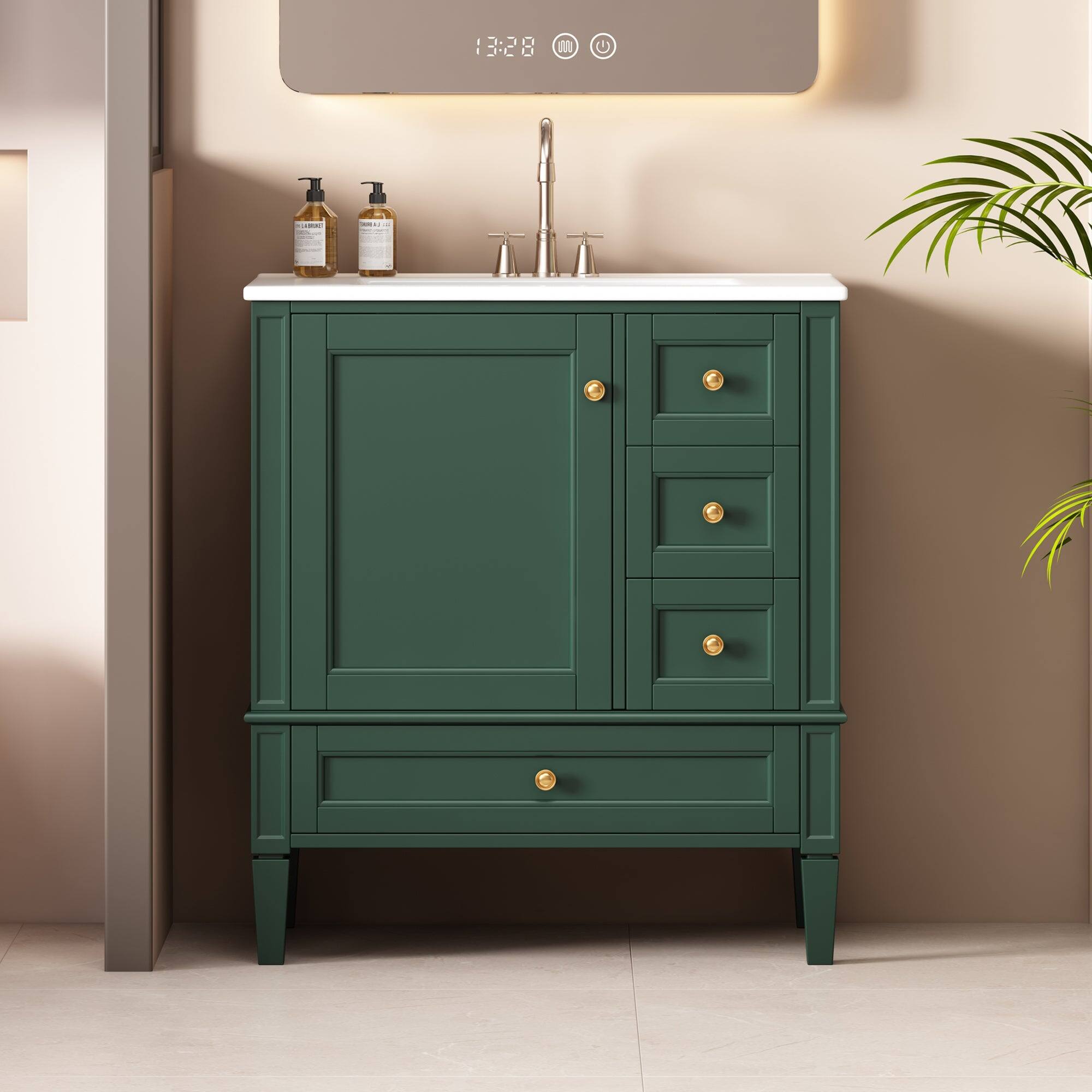 Alt View 4. Boyel Living - 30 Inch Solid Wood Bathroom Vanity with Ceramic Sink Three Drawers Green - Green.