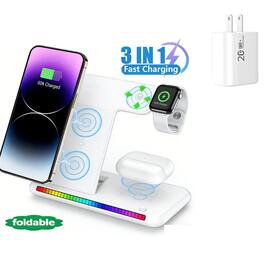 RISOKEYS - Wireless Charger with Charging Port - 3-in-1 Stand-up 15W Charger for Watch and Earphones with Light, Ambient Light - White