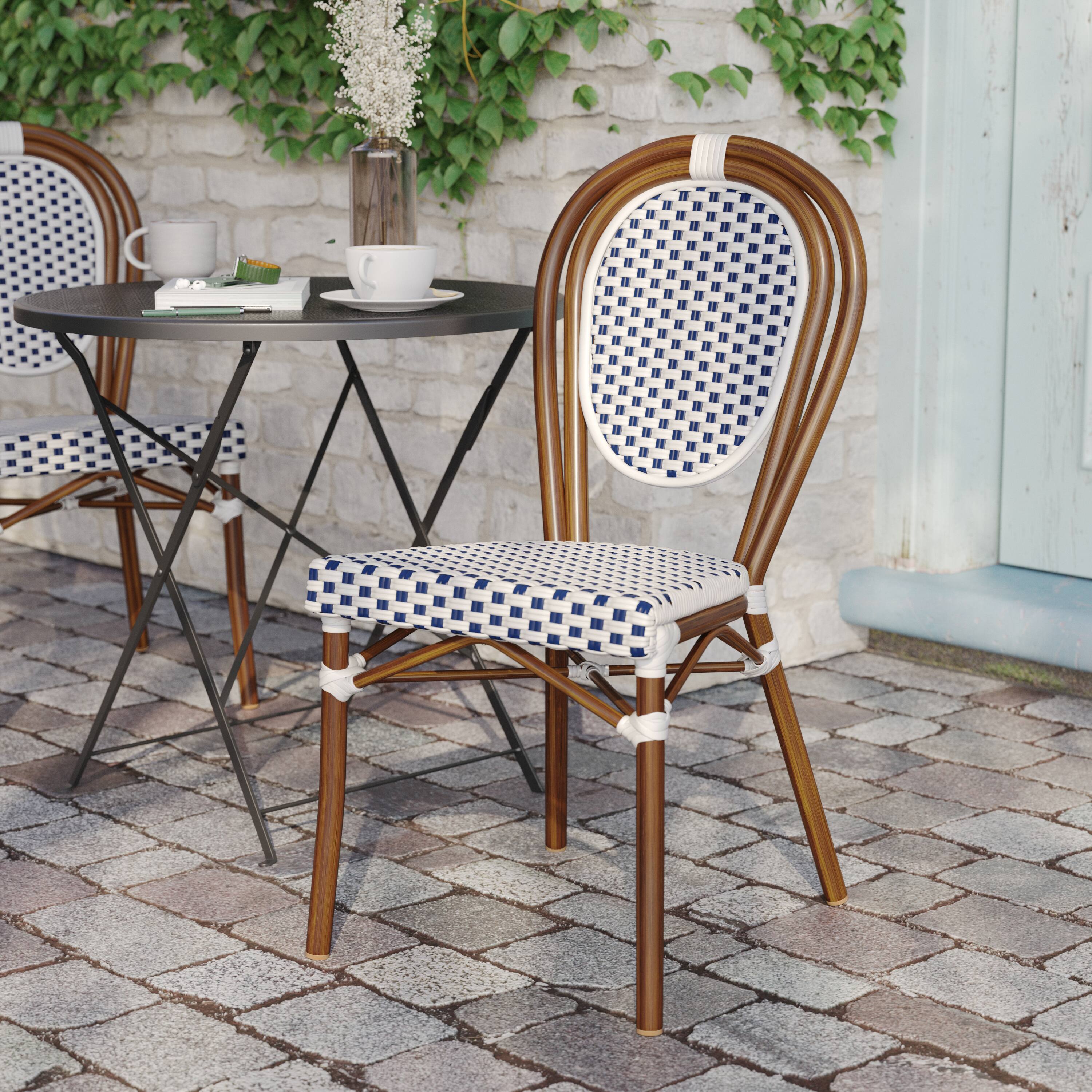 Alt View 2. Flash Furniture - Lourdes Indoor/Outdoor Commercial Thonet Bistro Stacking Chair, White and Navy PE Rattan and Bamboo Print Aluminum Frame - Blue.