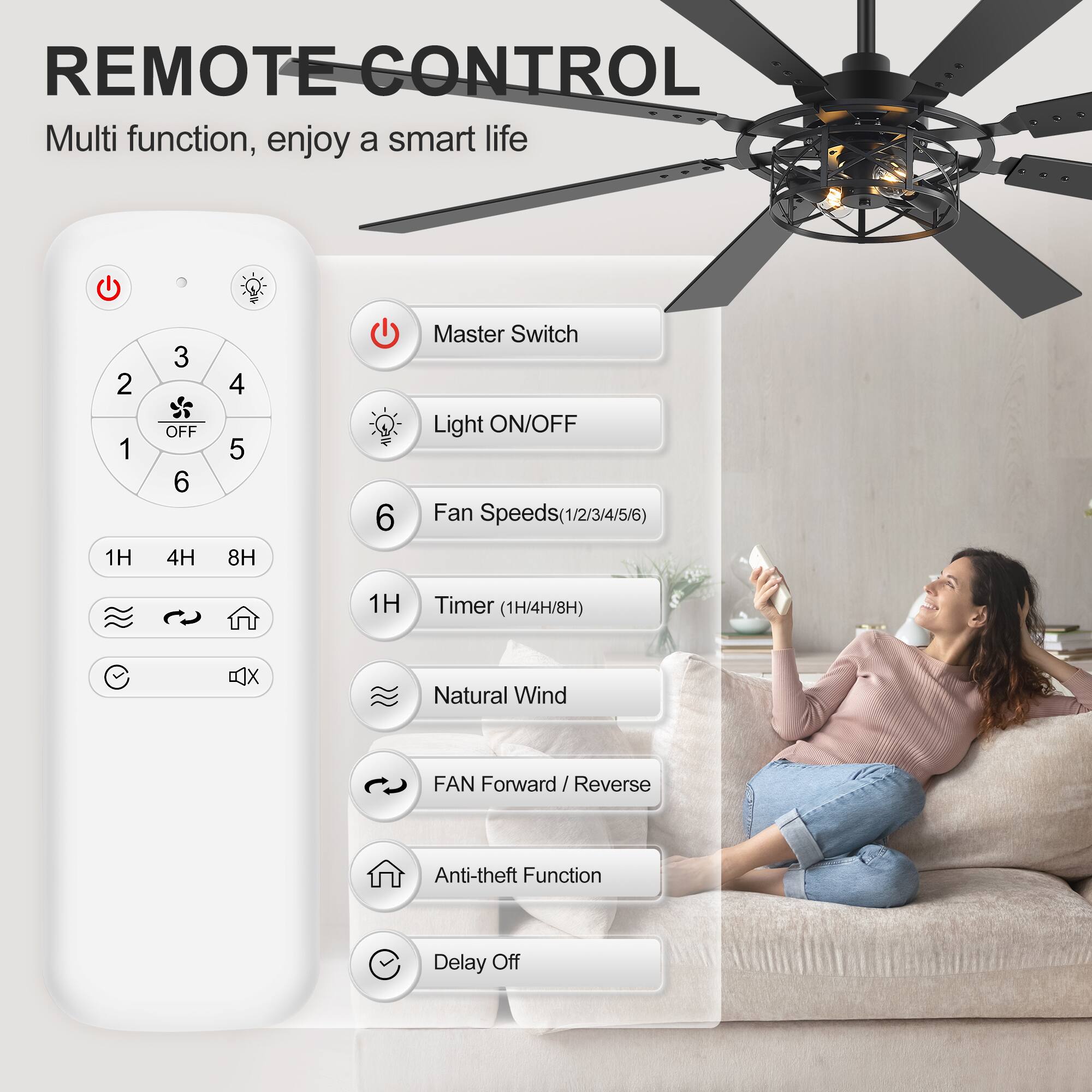 REMOTE CONTROL  
Multi function, enjoy a smart life  

- Master Switch  
- Light ON/OFF  
- Fan Speeds (1/2/3/4/5/6)  
- Timer (1H/4H/8H)  
- Natural Wind  
- FAN Forward / Reverse  
- Anti-theft Function  
- Delay Off  

1H  
4H  
8H  

OFF