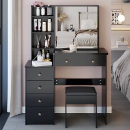 LUCKY ONE - 37in Freestanding Vanity Set with Sliding Mirror, Stool and Multi-Layer Storage for Bedroom - Black