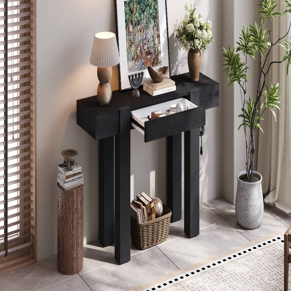 Angle. Loheer - Loheer Black Rustic Console Table with Power Outlet, Solid Wood Entryway Table with Hidden Drawer - Black.