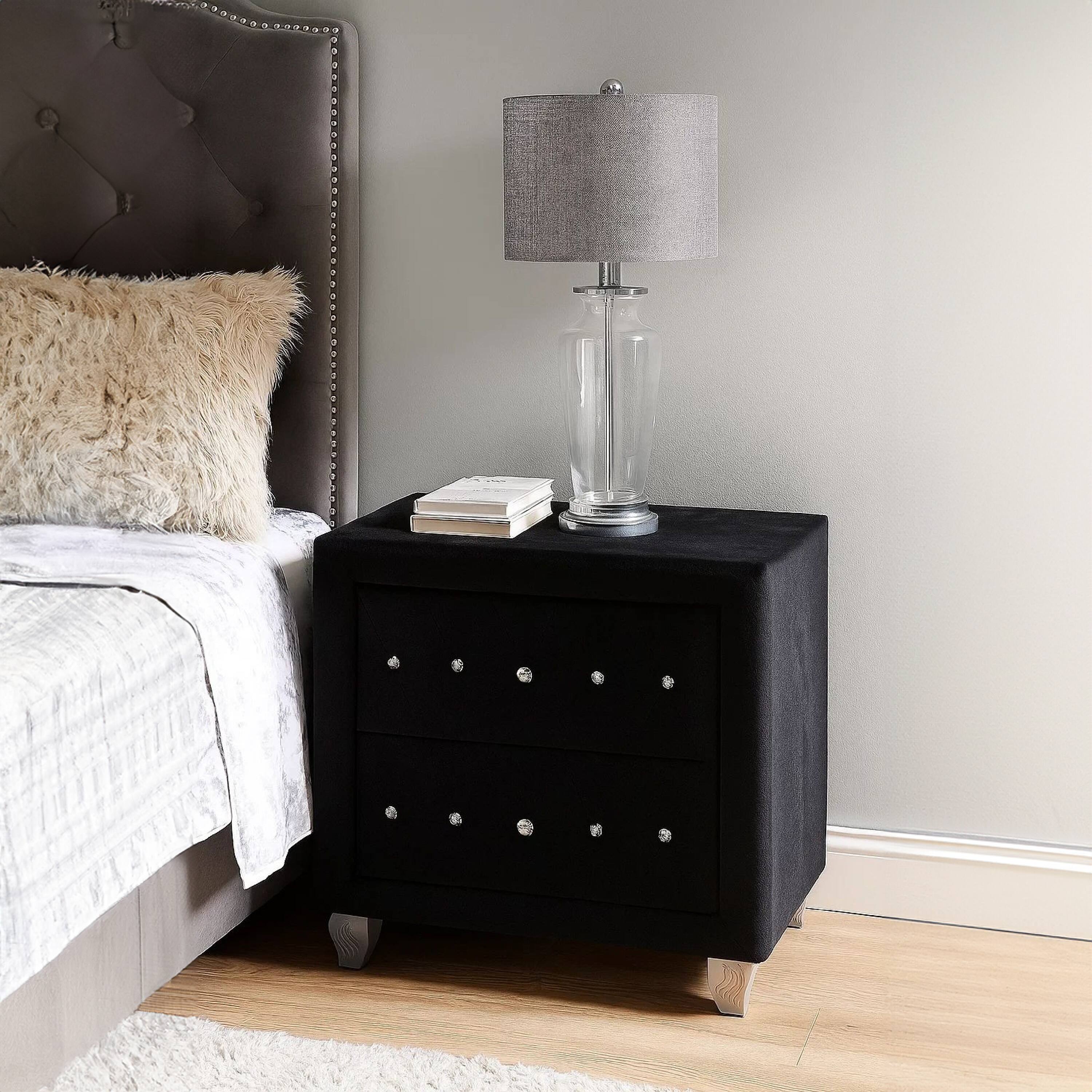 Alt View 5. Manhattan Lane - Rea Nightstand, 2 Drawers with Crystal Knobs, Black Velvet Upholstery - Black.