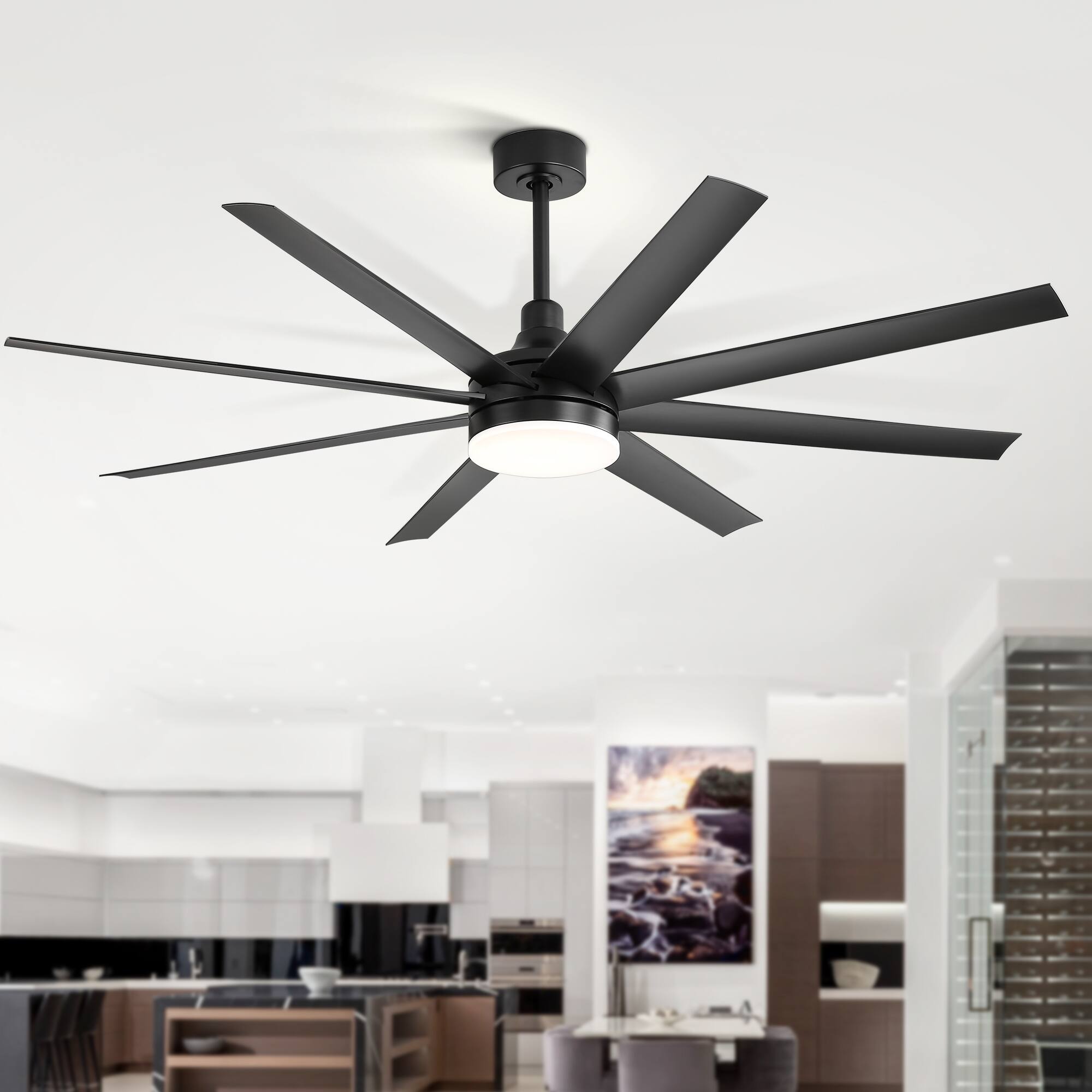 Back. Breezary - 65-Inch Ceiling Fan with 8 ABS Blades, 6-Speed DC Motor, Remote Control with Timer, 2 Downrods, Light/No-Light Options - Black (With Light).