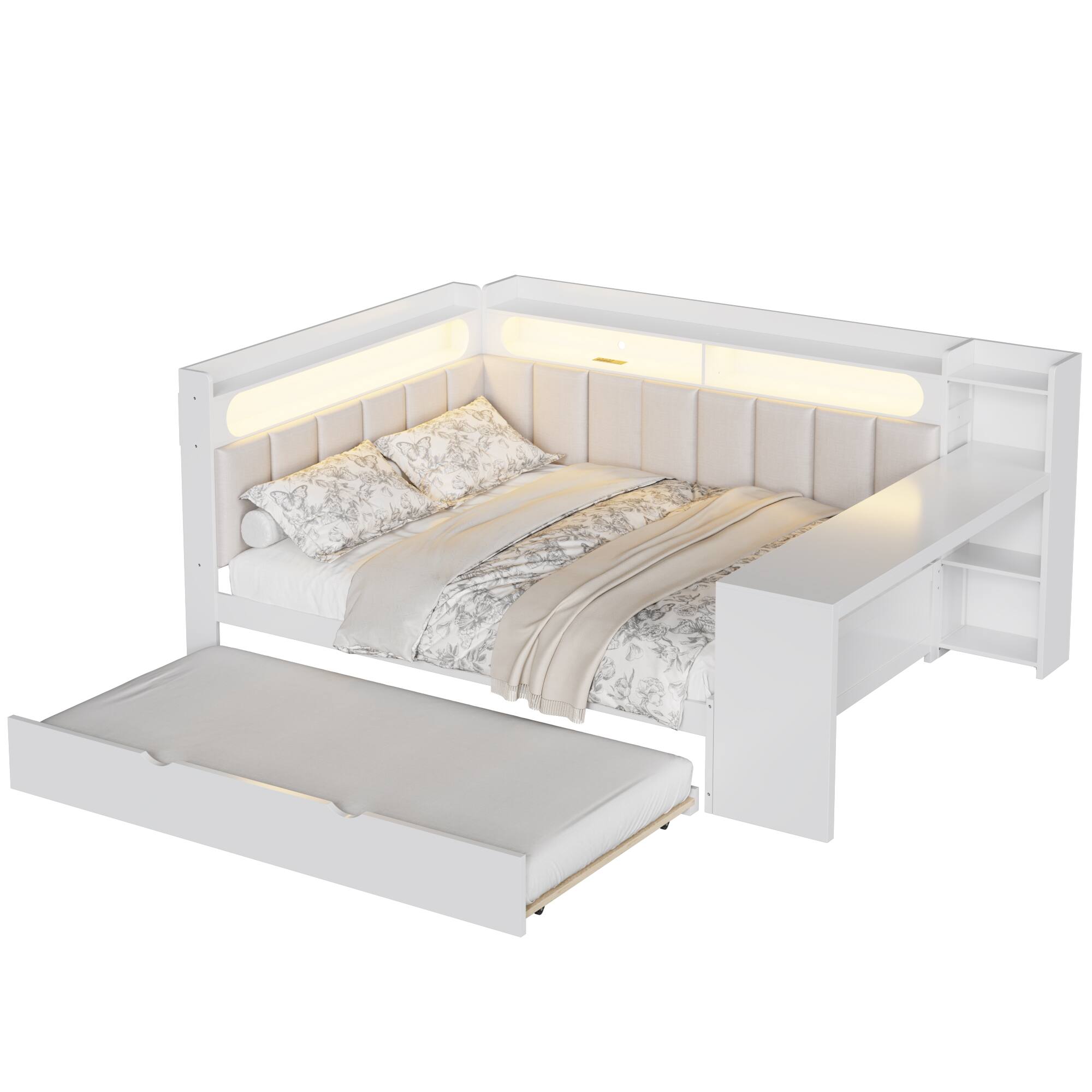 Back. Whisen - Full-Size Daybed with Trundle, Storage Shelves, Desk, Charging Station, LED Lights & Upholstered Back - White.