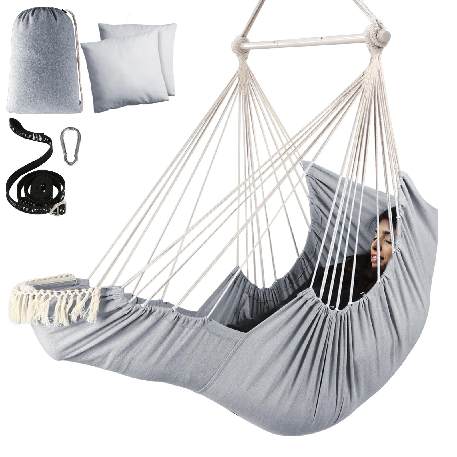 JETRANSPORT - Hammock Chair Hanging With Foot Rest 2 Cushions Max 500lbs Robust Metal Spreader Bar Collapsible Easy Storage - Light Gray