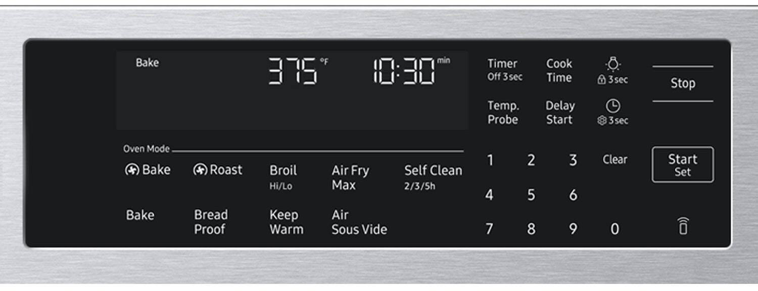 Bake oF 375 min 10:30 Timer Off 3sec Temp. Probe Cook Time Delay Start 3sec 3sec Stop Oven Mode Bake Bake * Roast Bread Proof Broil Hi/Lo Keep Warm Air Fry Self Clean Max 2/3/5h Air Sous Vide 1 4 7 2 5 8 3 6 9 Clear 0 Start Set