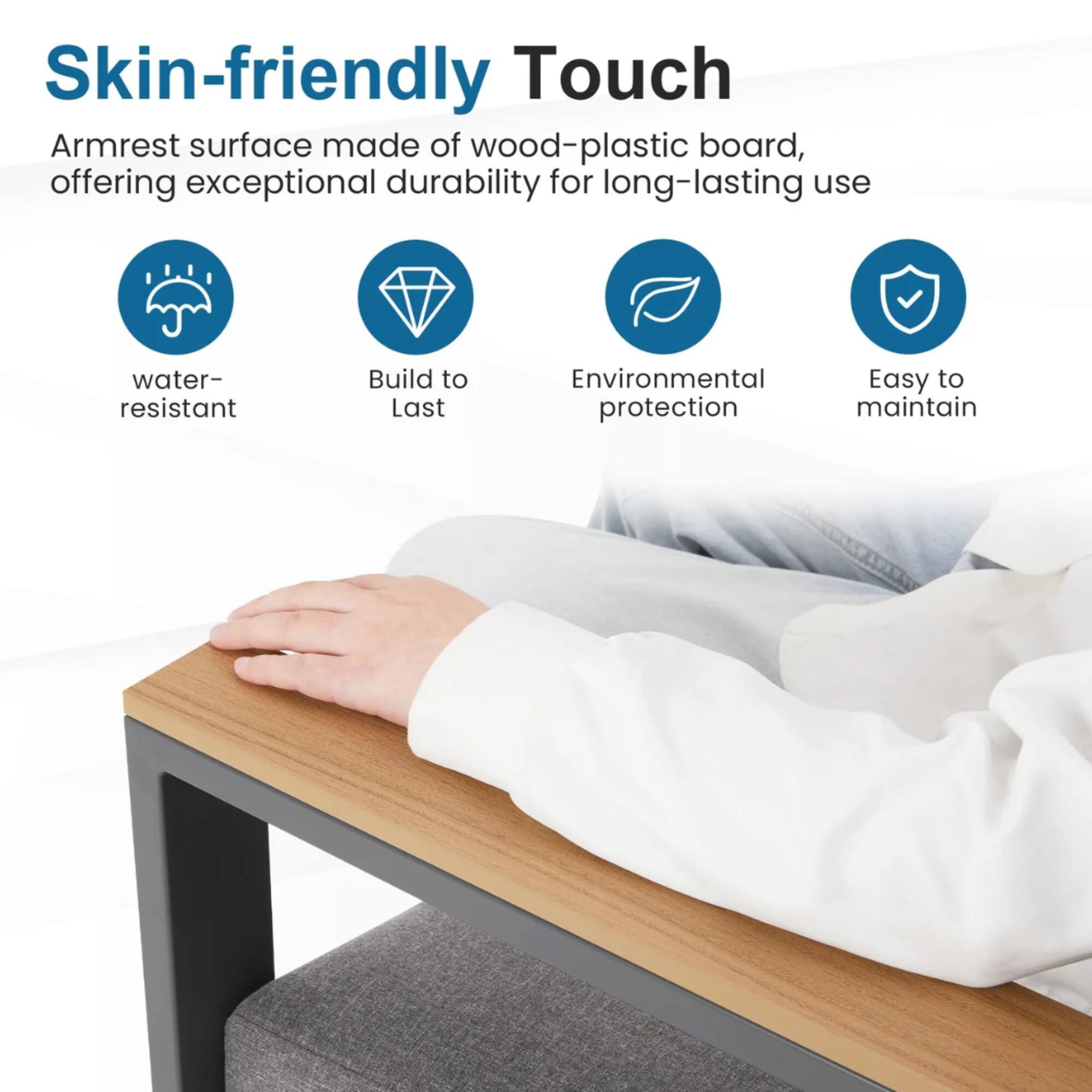Skin-friendly Touch

Armrest surface made of wood-plastic board, offering exceptional durability for long-lasting use

- water-resistant
- Build to Last
- Environmental protection
- Easy to maintain