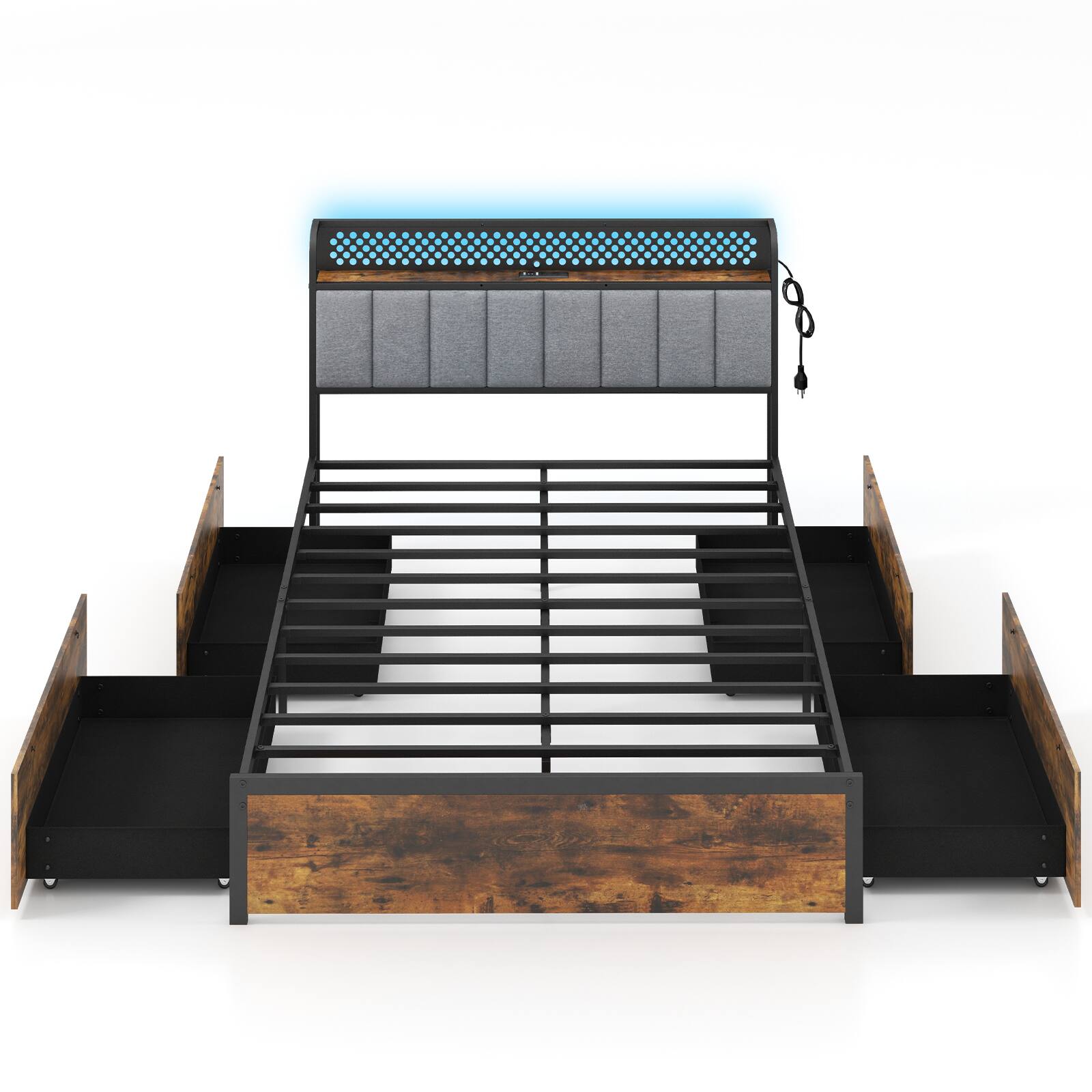 Alt View 1. Gymax - Gymax LED Bed Frame Full Size w/ Charging Station Upholstered Headboard 4 Drawers - Rustic Brown, Black.