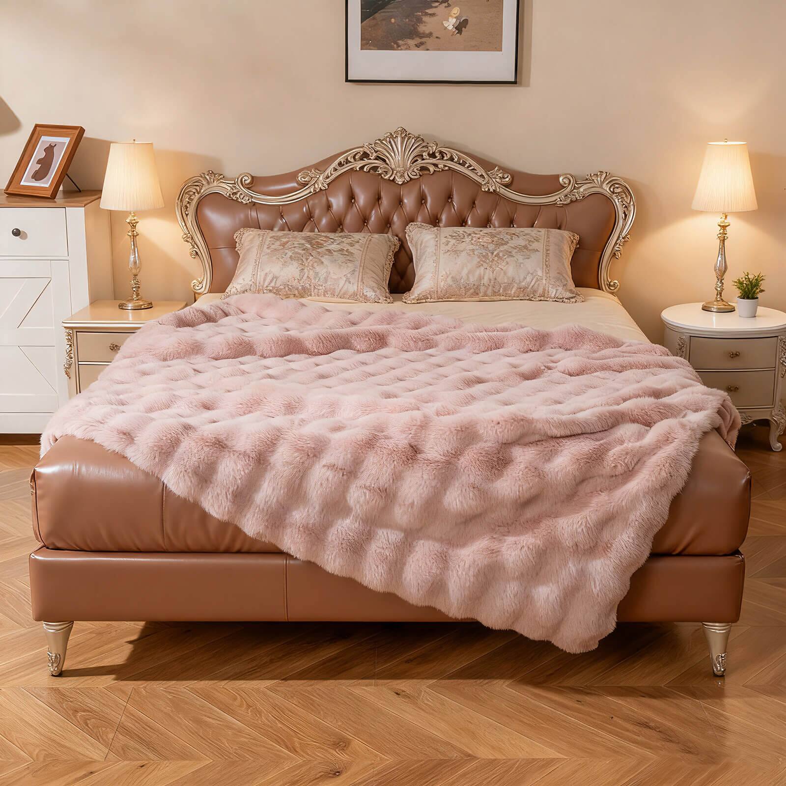 Alt View 4. Costway - Costway 80" x 60" Bubble Faux Rabbit Fur Throw Blanket with 2-Sided Design for Winter - Pink.