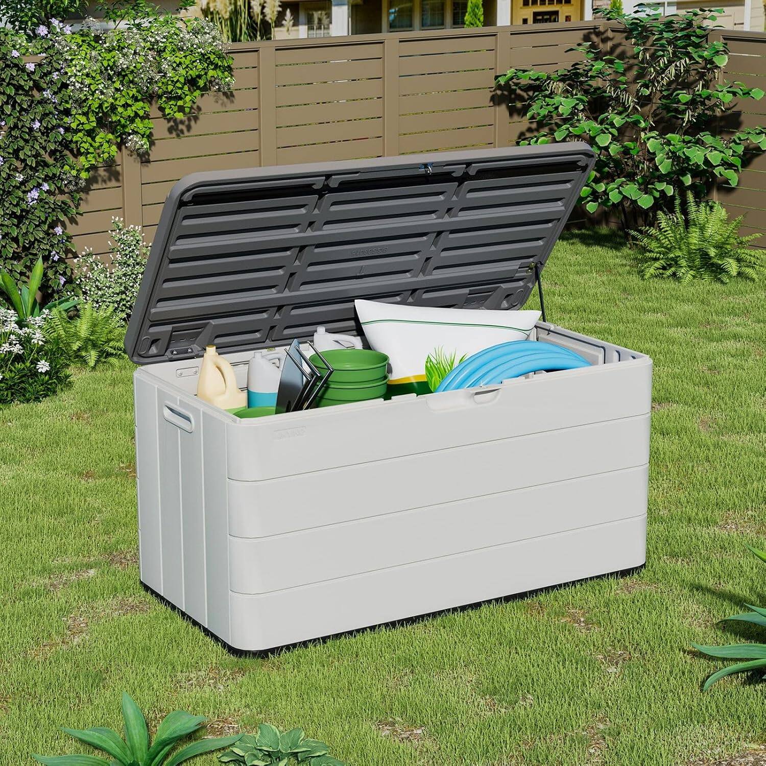 Back. Yardgrace - Resin Outdoor Storage Box with Seat, Waterproof Deck Box for Patio Furniture, Garden Tools & Home Accessories - white.