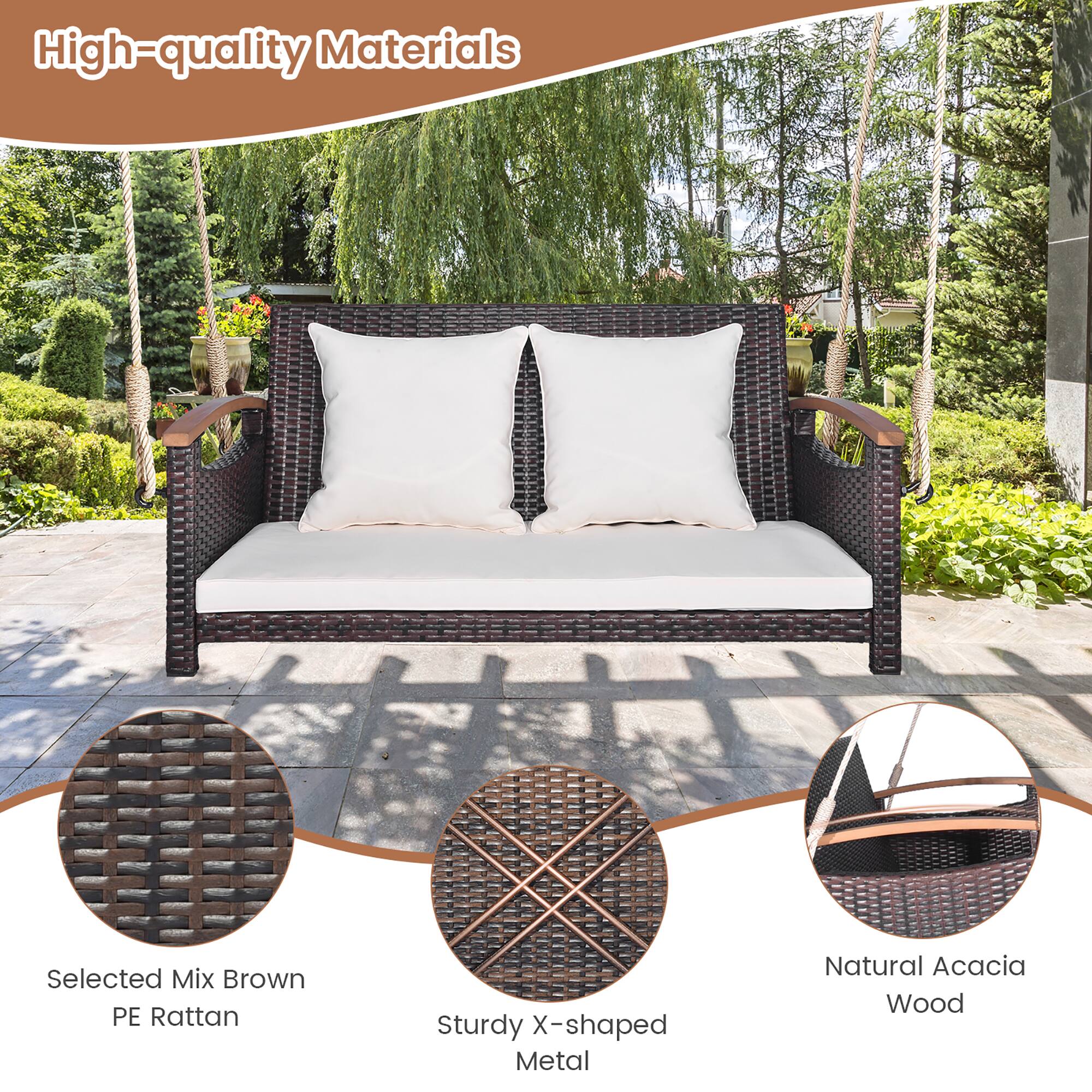 Alt View 7. Gymax - Gymax 2-seater hanging swing porch swing PE wicker swing outdoor hanging swing garden poolside - Mix Brown, White.