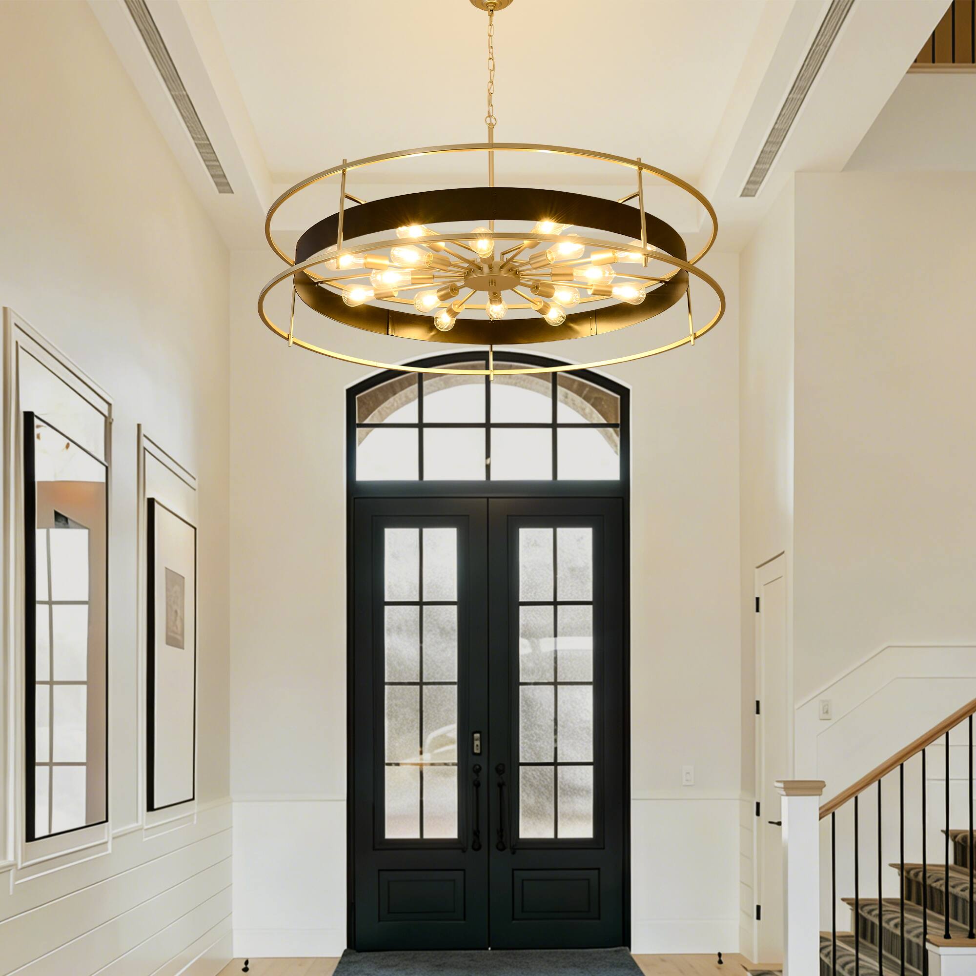 Back. RYHNUYNE - Modern Black and Gold 16-Light Chandelier - 48 Inch Round Adjustable Pendant Light for Dining Room, Living Room, Foyer.