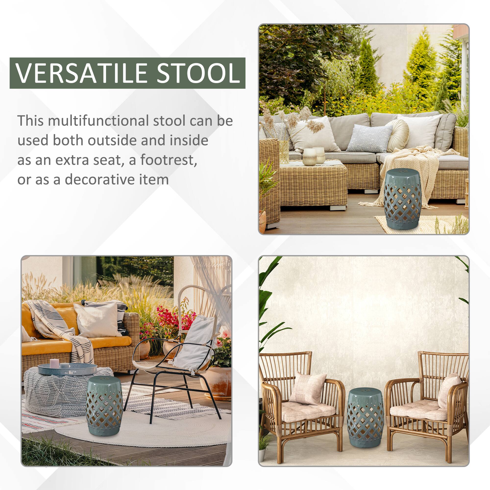 VERSATILE STOOL

This multifunctional stool can be used both outside and inside as an extra seat, a footrest, or as a decorative item.