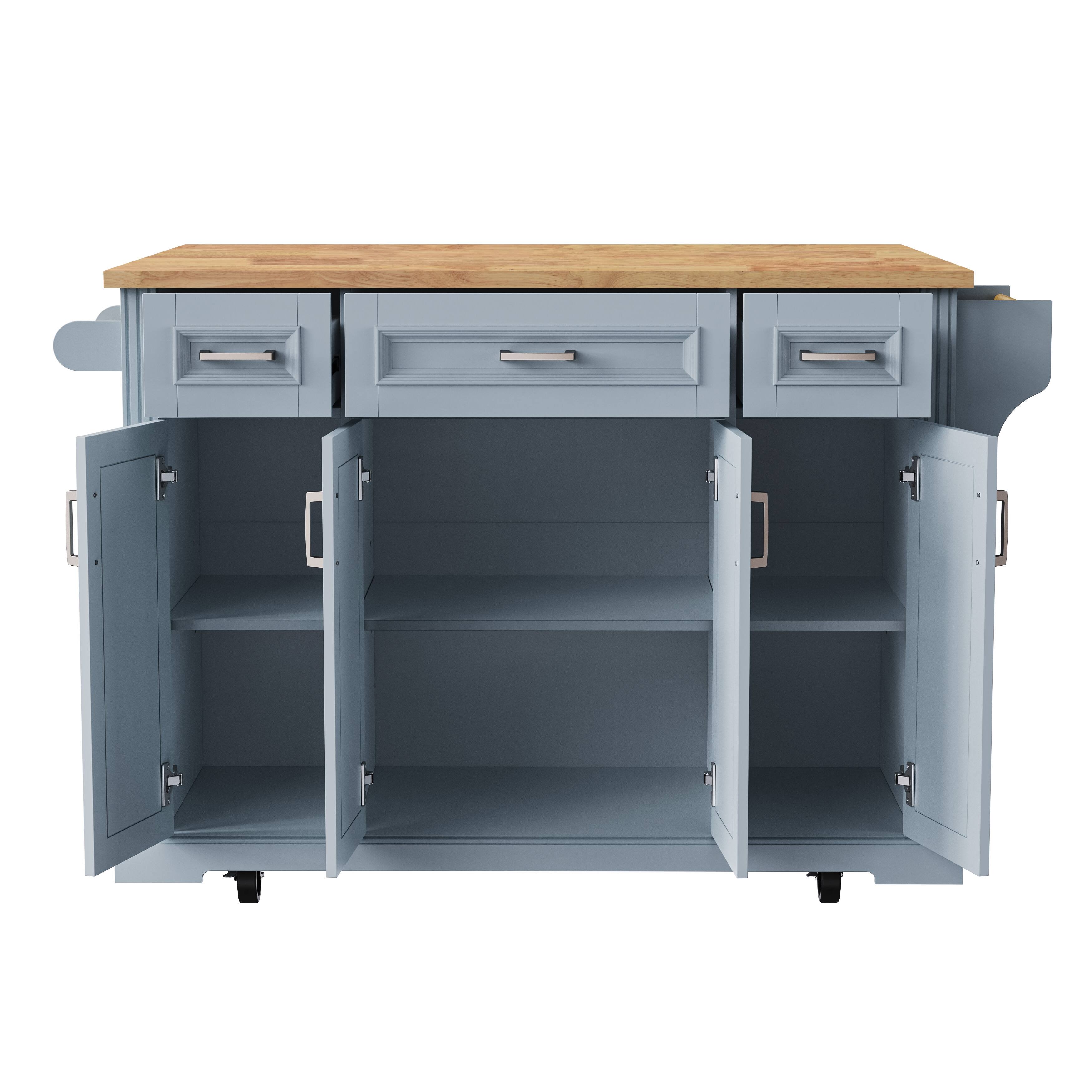 Alt View 2. Forest'nSky - 54" Large Rolling Kitchen Island with Rubber Wood Drop Leaf, Embossed Texture, 4 Doors, and 3 Drawers, Grey Blue - Grey Blue.