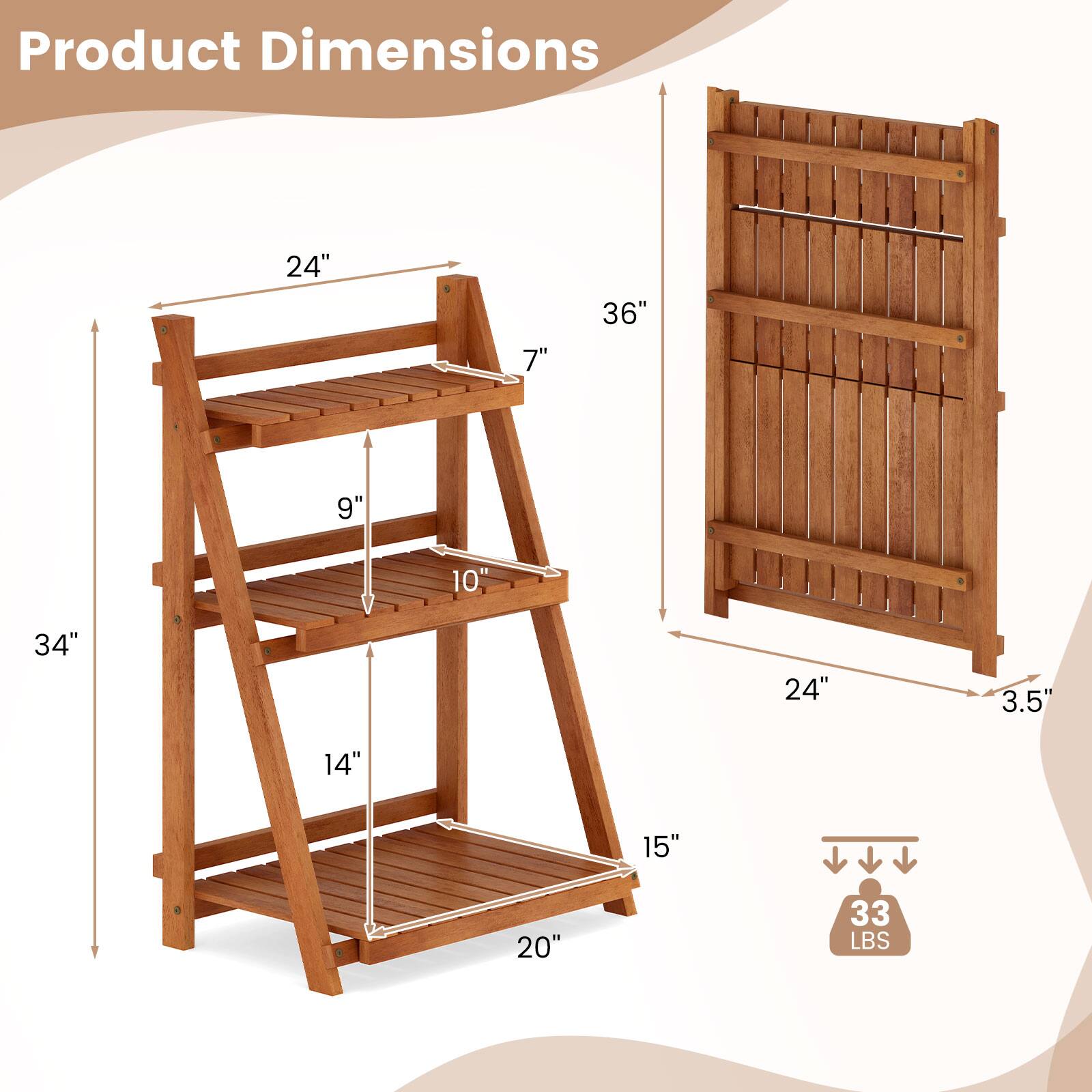 Product Dimensions

- Height: 36"
- Width: 24"
- Depth: 15"
- Shelf 1: 24" x 14"
- Shelf 2: 24" x 10"
- Shelf 3: 24" x 7"
- Back Panel: 24" x 3.5"
- Weight Capacity: 33 LBS