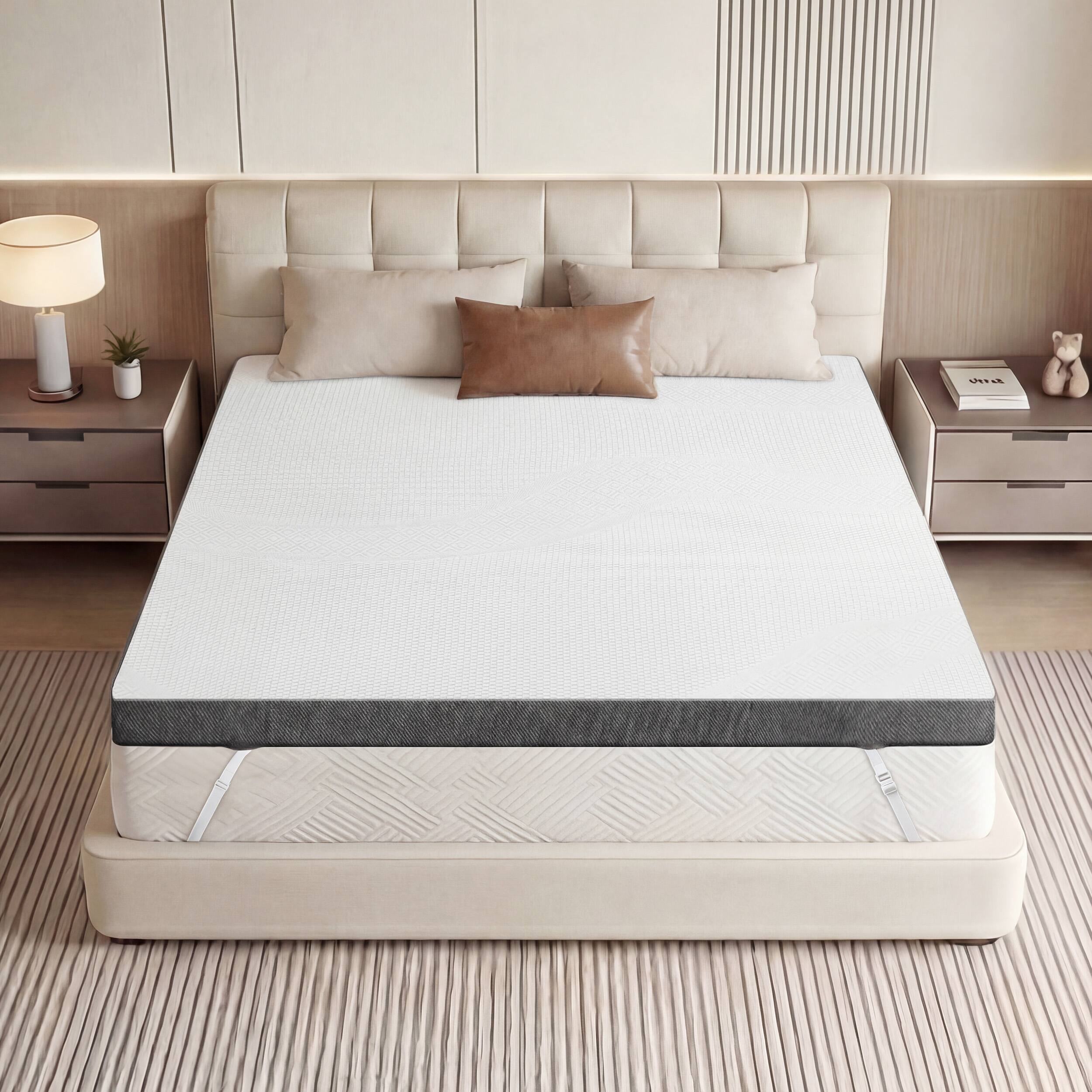 Angle. Dyonery - 4" Mattress Topper, Breathable Washable Cover with Anti-Slip Straps, OEKO-TEX & CertiPUR-US Certified - White.