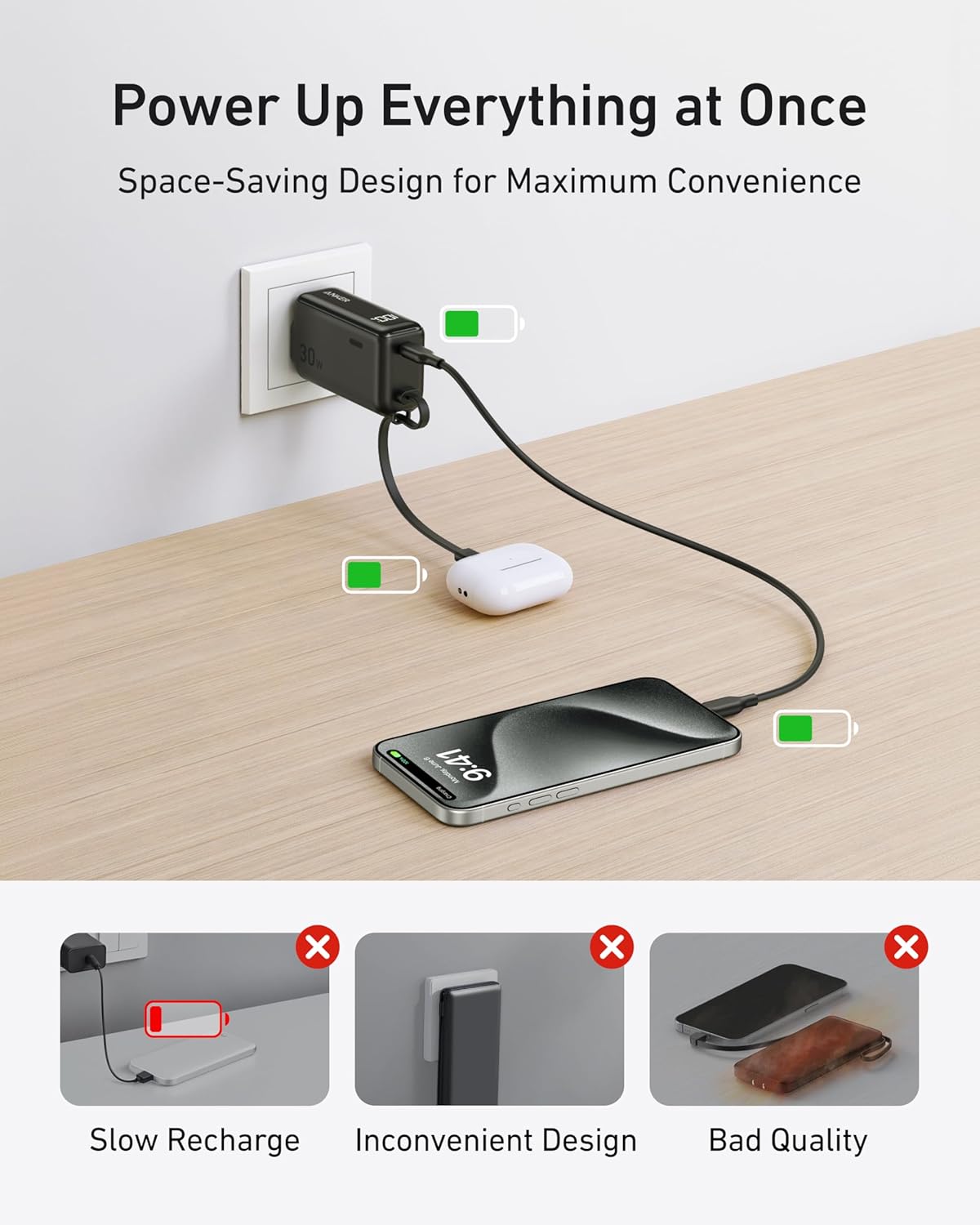 Power Up Everything at Once  
Space-Saving Design for Maximum Convenience  

Slow Recharge  
Inconvenient Design  
Bad Quality