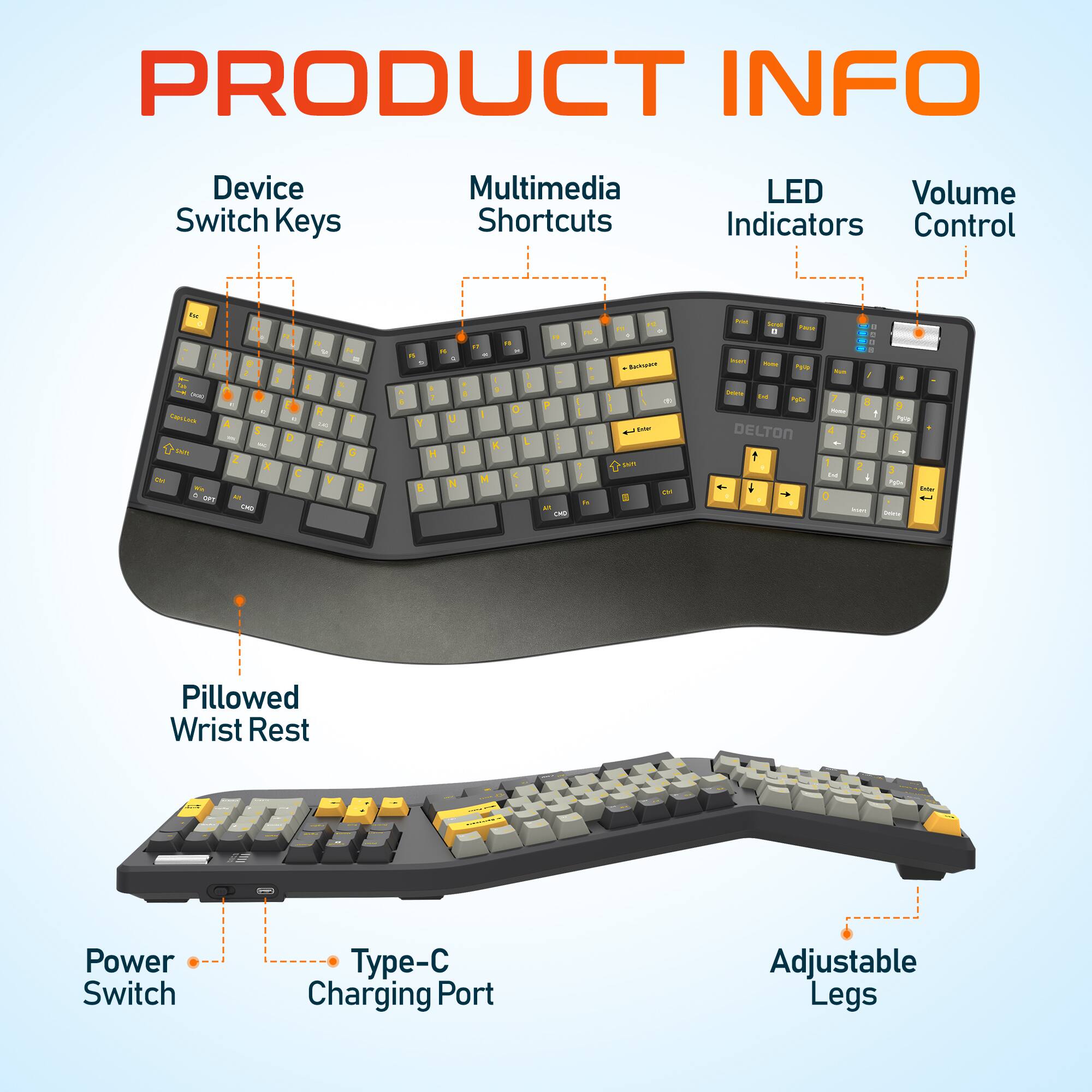 PRODUCT INFO
Device Switch Keys
Multimedia Shortcuts
LED Indicators
Volume Control
Pillowed Wrist Rest
Power Switch
Type-C Charging Port
Adjustable Legs