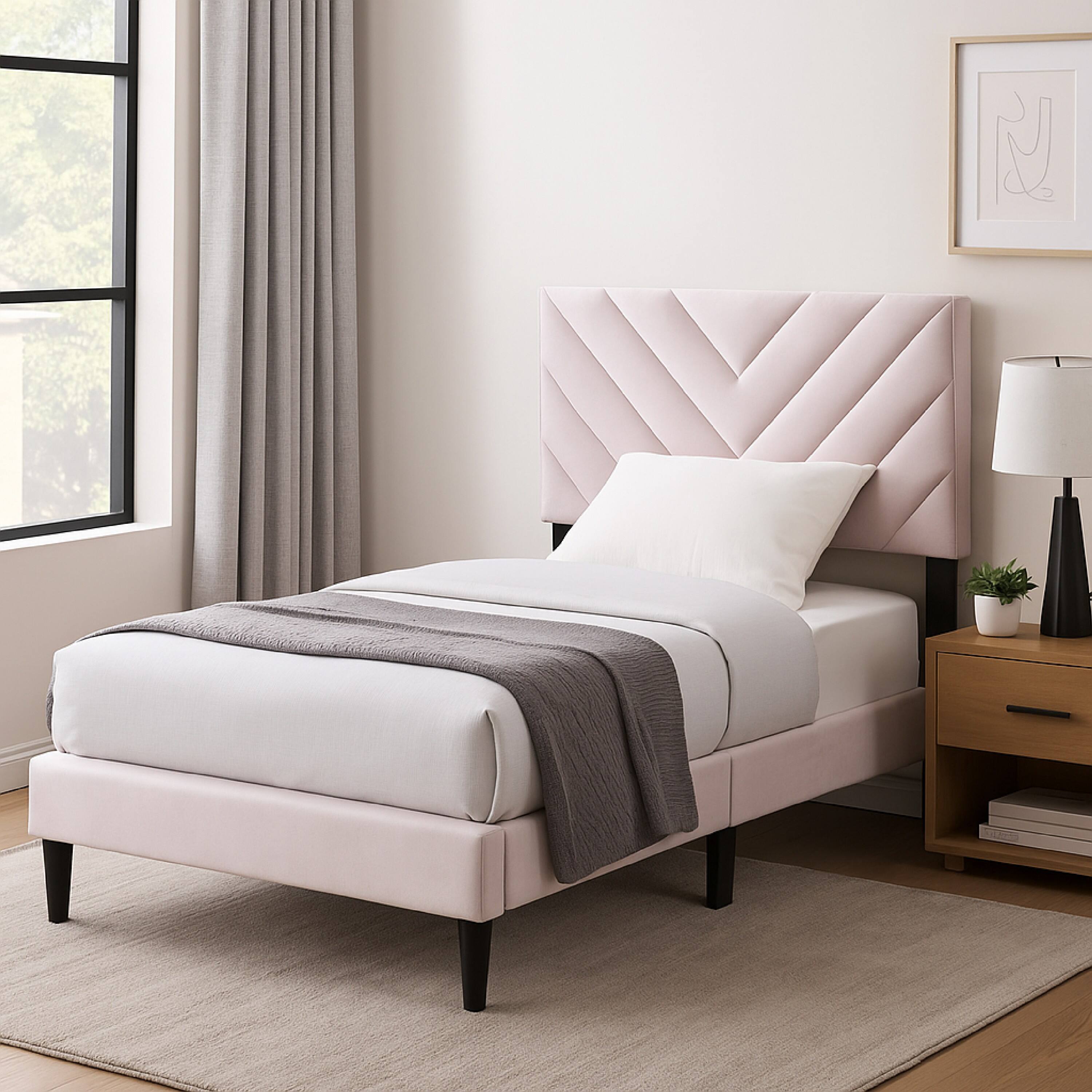 Alt View 5. Manhattan Lane - Lilian Twin Bed, Tufted Light Pink Velvet Upholstery, Chevron Stitch - Pink, Black.