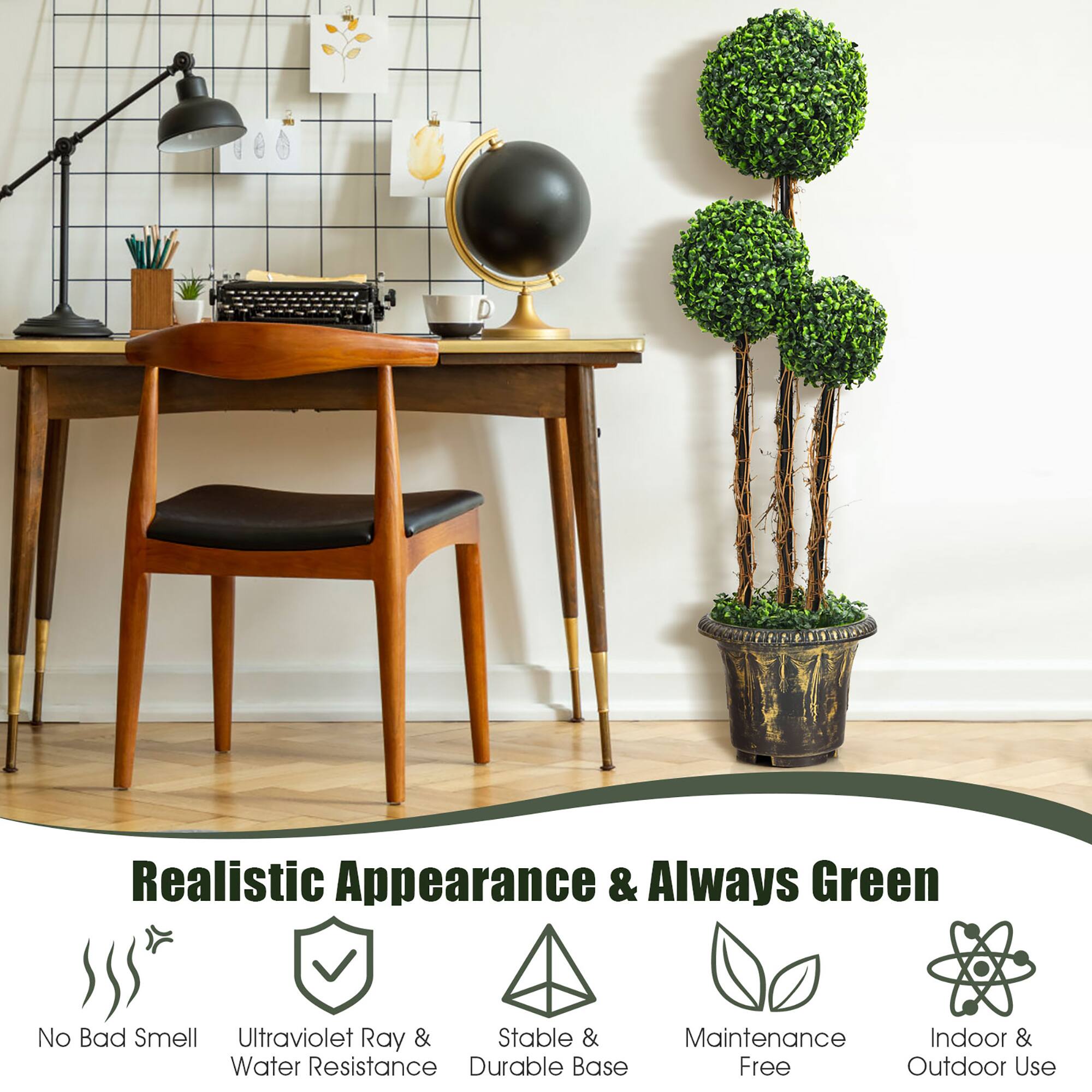 Realistic Appearance & Always Green  
No Bad Smell  
Ultraviolet Ray & Water Resistance  
Stable & Durable Base  
Maintenance Free  
Indoor & Outdoor Use