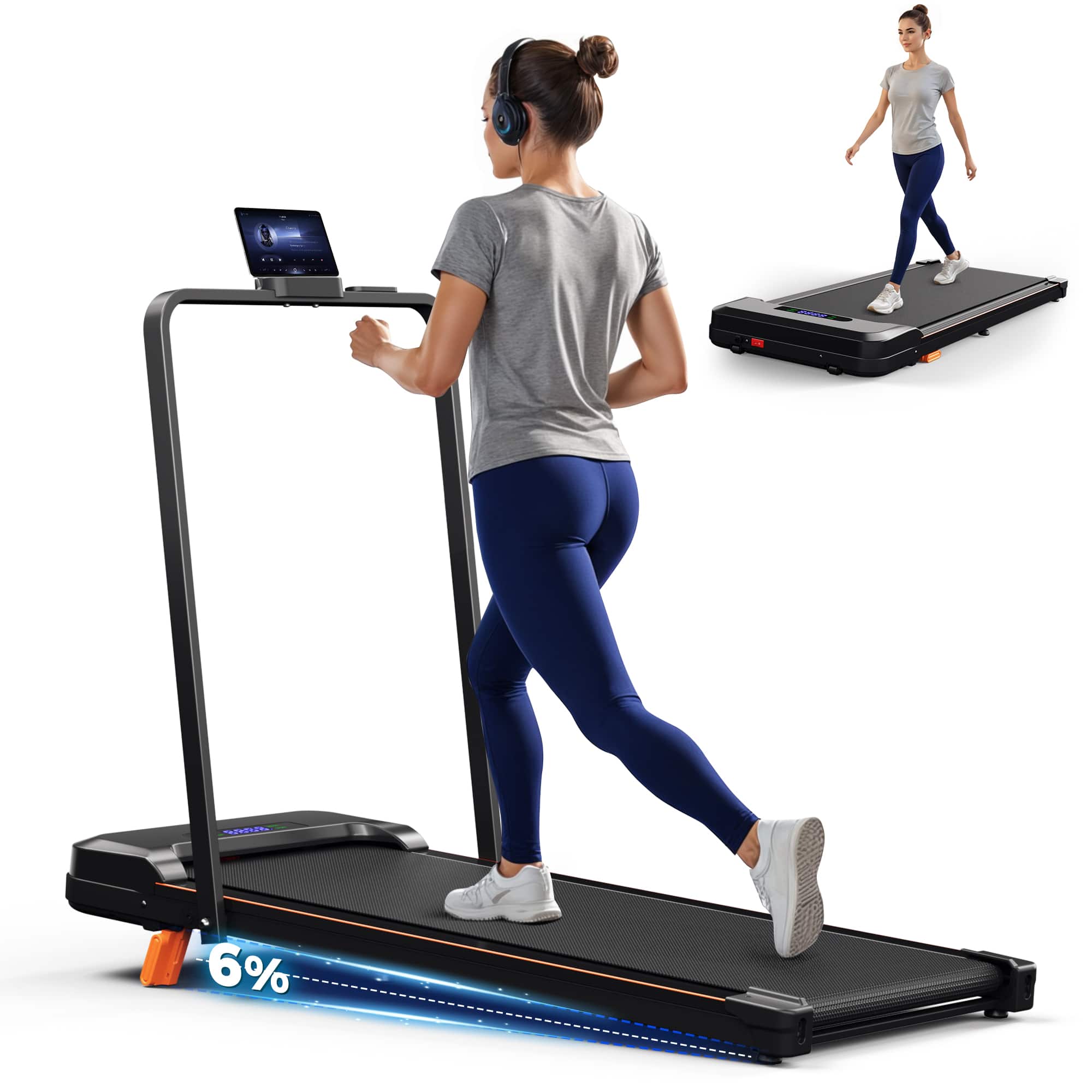 KERDOM - 4-in-1 Folding & Portable Climbing Treadmill with Phone Holder, Low Noise 7.6 MPH Running Pad with Handrail & 6% Incline - Black