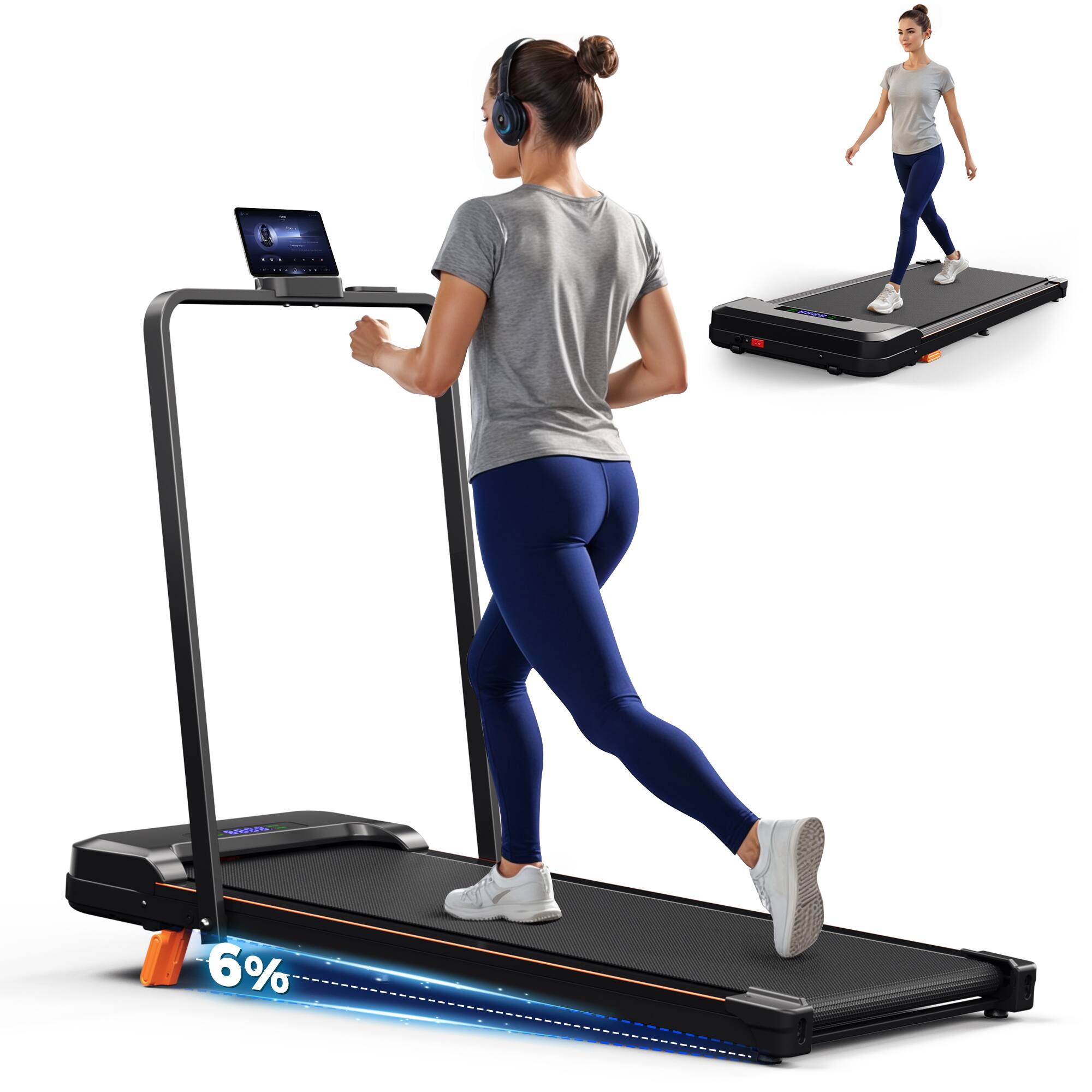 Front. KERDOM - 4-in-1 Folding & Portable Climbing Treadmill with Phone Holder, Low Noise 7.6 MPH Running Pad with Handrail & 6% Incline - Black.
