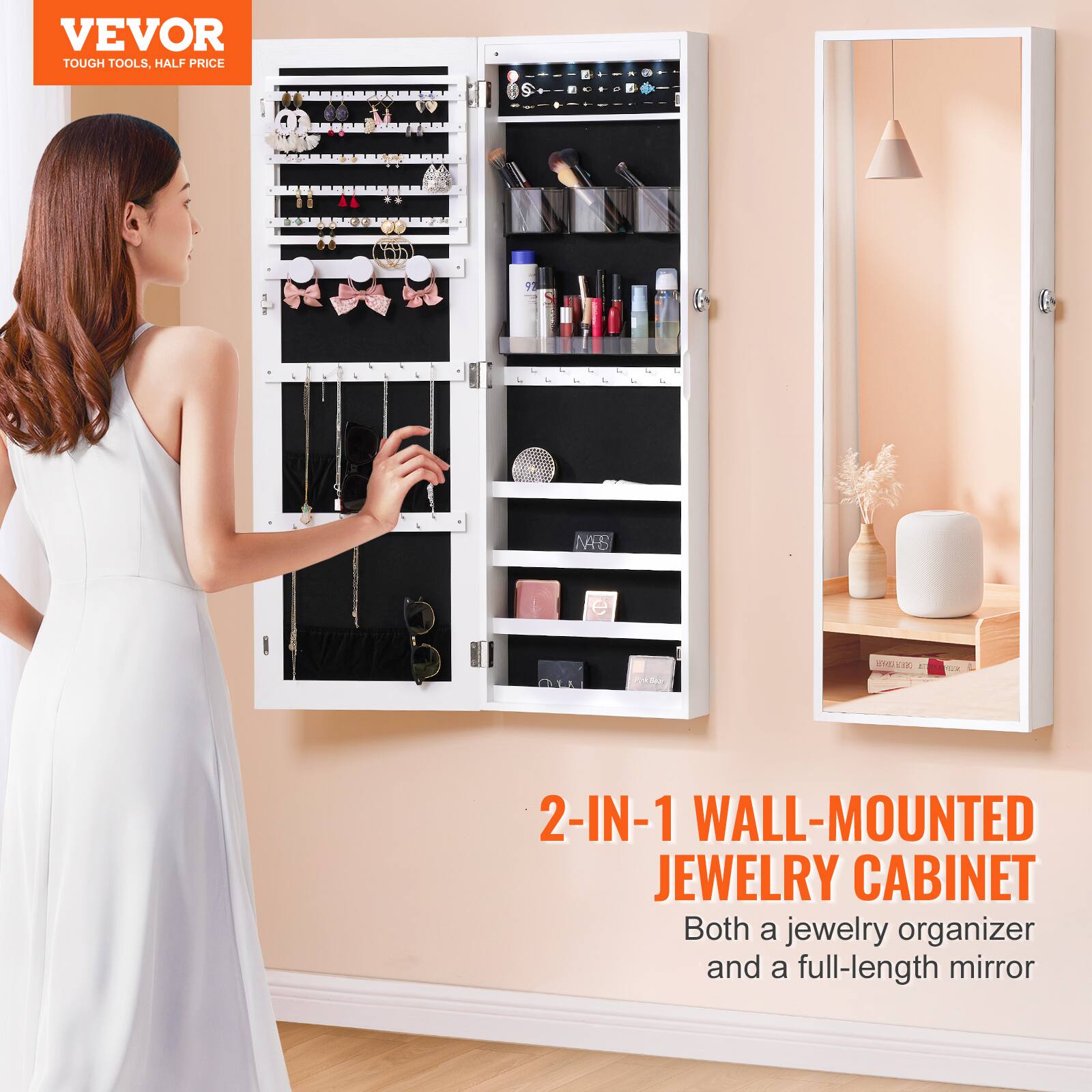 VEVOR  
TOUGH TOOLS, HALF PRICE  

2-IN-1 WALL-MOUNTED JEWELRY CABINET  
Both a jewelry organizer and a full-length mirror