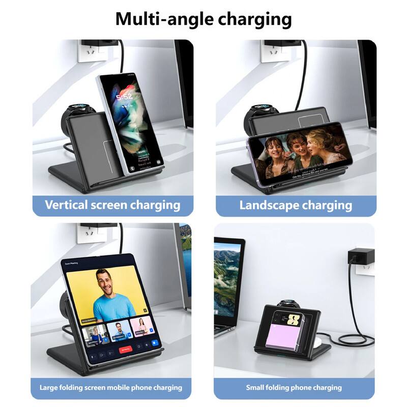 Multi-angle charging

- Vertical screen charging
- Landscape charging
- Large folding screen mobile phone charging
- Small folding phone charging
