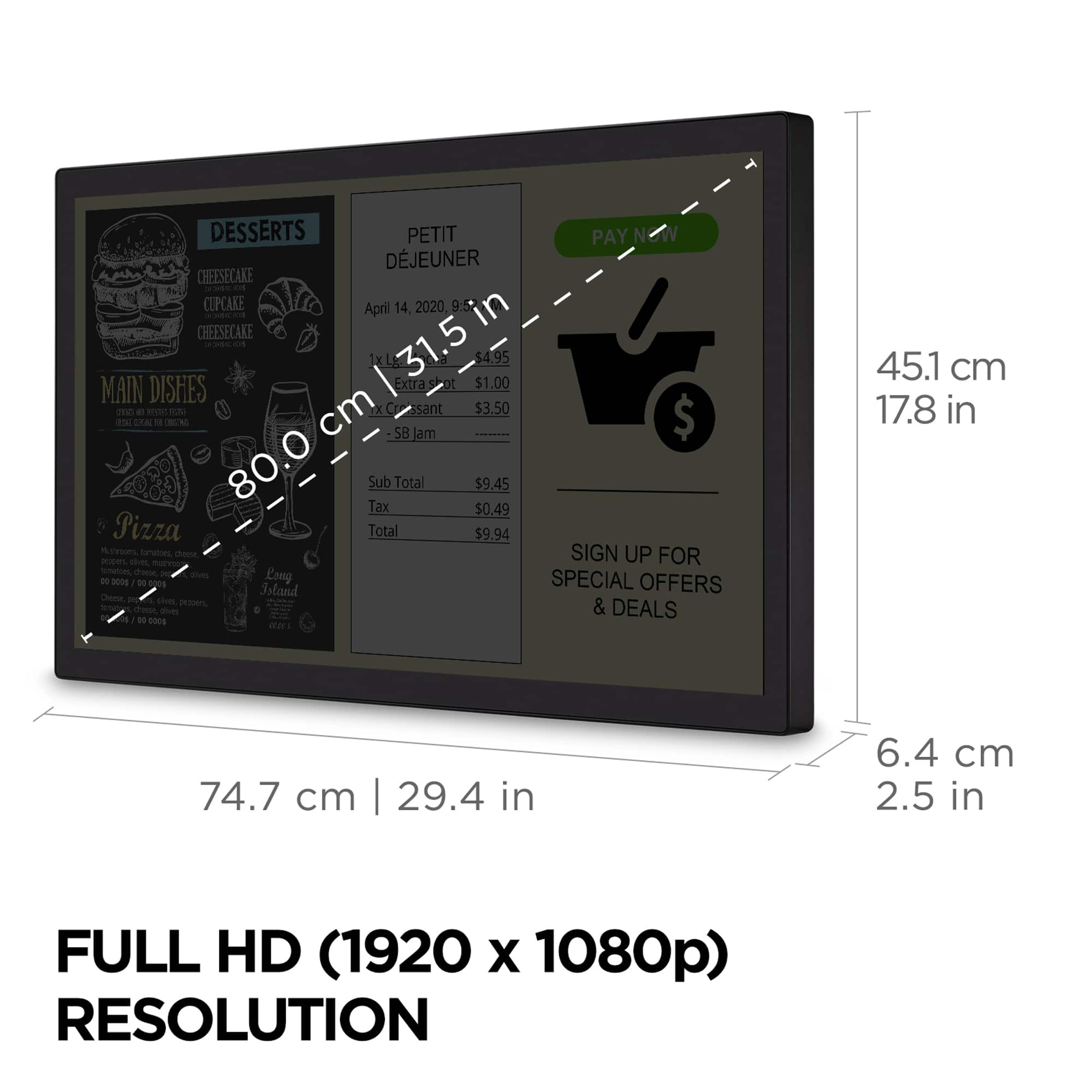 The image shows a menu display with a variety of food options, including pizza and cheesecake. The menu is presented in a full HD resolution of 1920 x 1080 pixels. The display is designed to be used in a restaurant setting, with a special offer for customers to sign up for deals and special offers. The menu is organized with different sections, such as desserts, main dishes, and drinks. The image also includes a ruler to provide a scale for the size of the menu display.