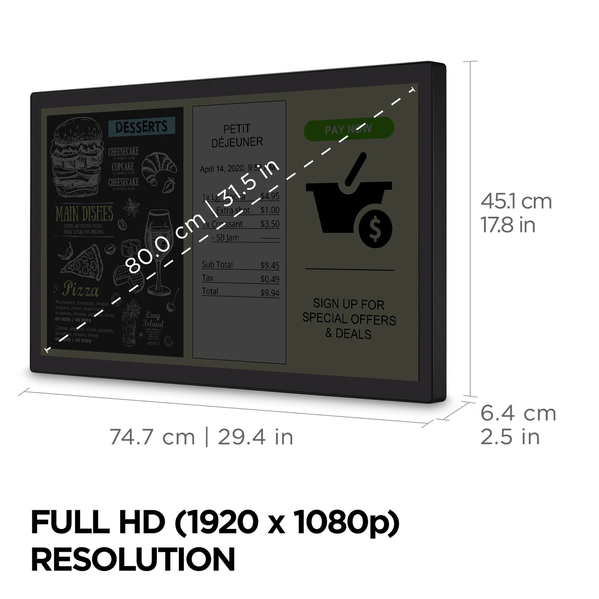 The image shows a menu display with a variety of food options, including pizza and cheesecake. The menu is presented in a full HD resolution of 1920 x 1080 pixels. The display is designed to be used in a restaurant setting, with a special offer for customers to sign up for deals and special offers. The menu is organized with different sections, such as desserts, main dishes, and drinks. The image also includes a ruler to provide a scale for the size of the menu display.