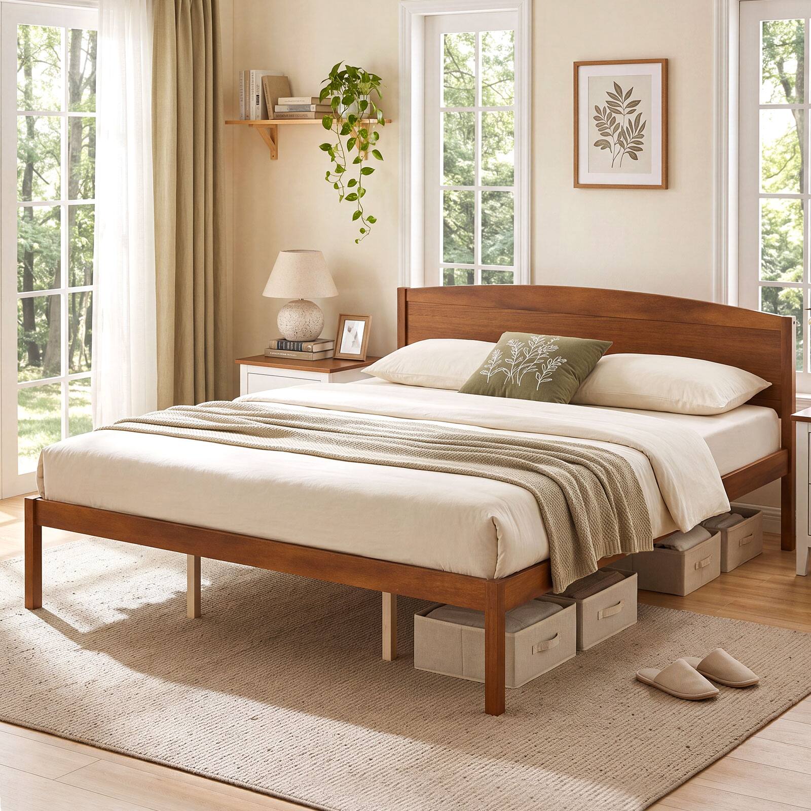 Alt View 3. Gymax - Gymax King Size Wooden Platform Bed Frame w/Curved Headboard Solid Pine Wood Legs Walnut - Brown.