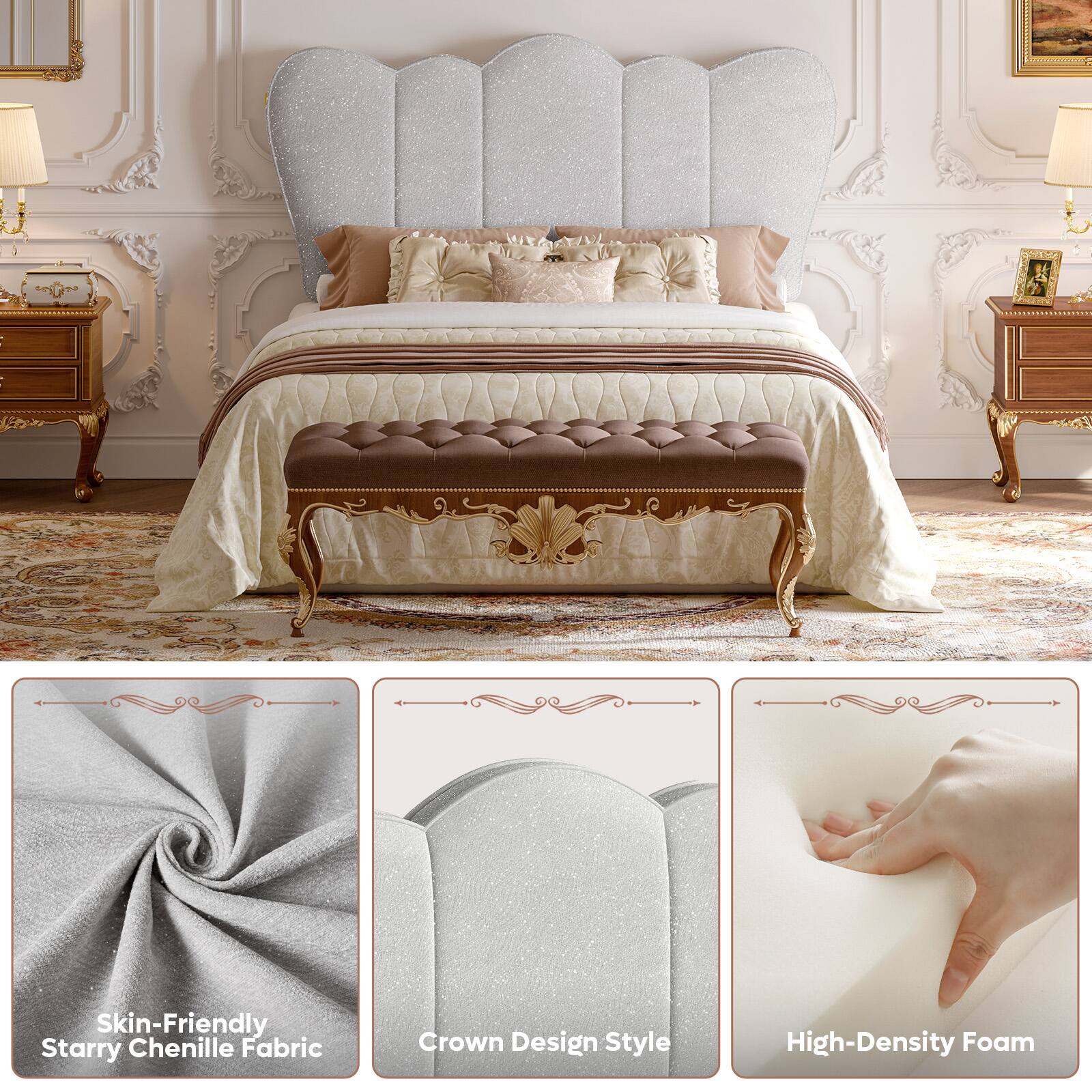 Skin-Friendly Starry Chenille Fabric  
Crown Design Style  
High-Density Foam