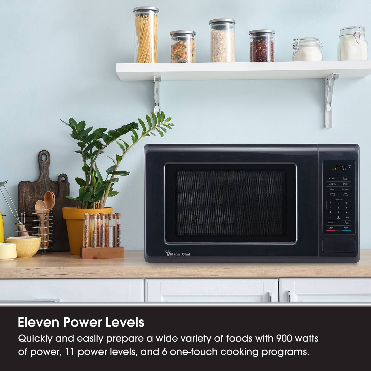 10:00 IC-CO  
Passium  
- -  
- Ingram  
Mill  
-  
Insup  
suys  
-  
-  
1  
Services  
-  
-  
-  
-  
1  
:  
1  
One  
0  
-  
SEP  
2000  
Magic Chef  
Eleven Power Levels  
Quickly and easily prepare a wide variety of foods with 900 watts of power, 11 power levels, and 6 one-touch cooking programs.