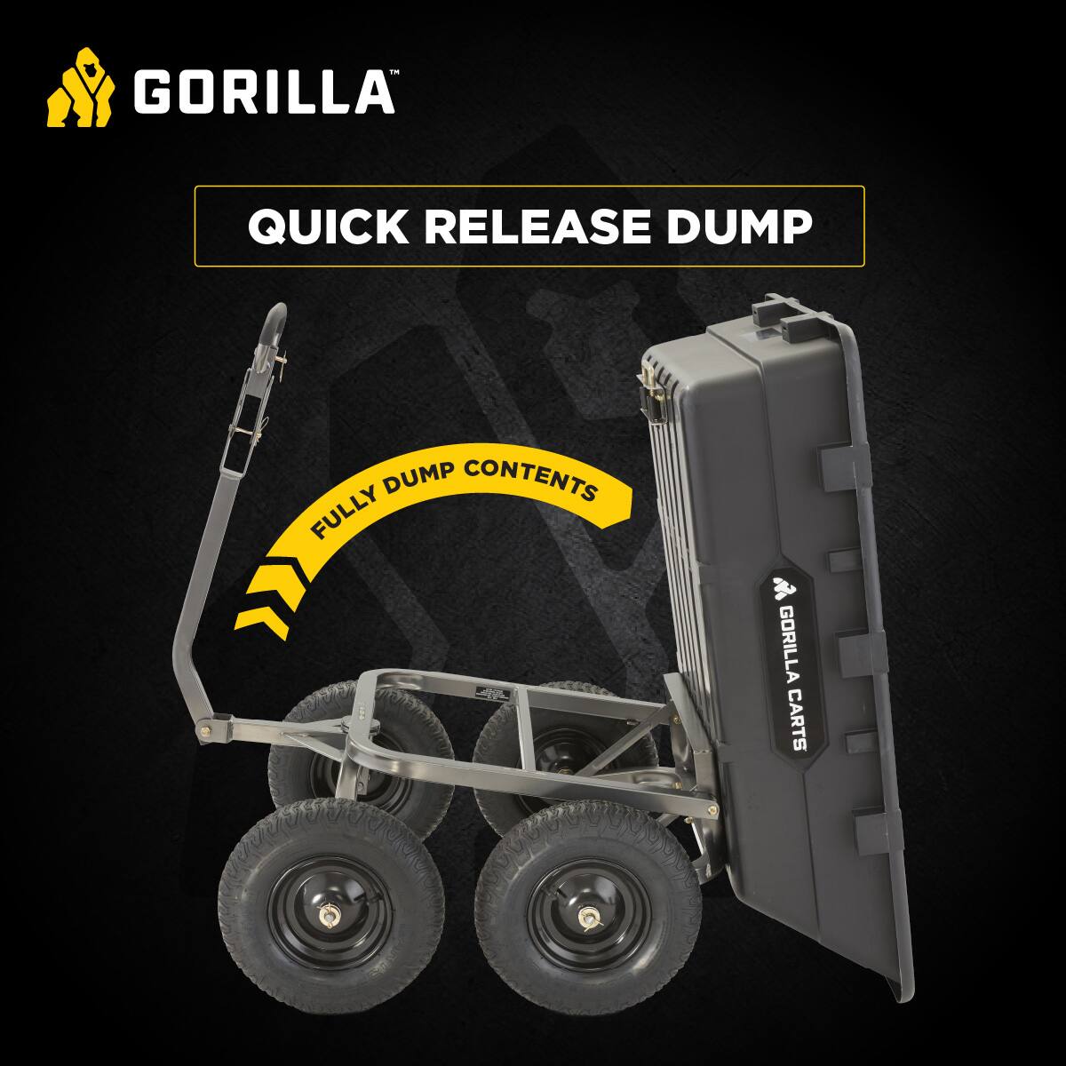 GORILLA  
QUICK RELEASE DUMP  
FULLY DUMP CONTENTS  
GORILLA CARTS