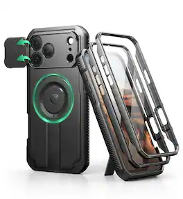 dexnor - iPhone 17 Pro Max Case: 2 Front Frames, Flip Cam Cover, Kickstand, Mag,Screen Protector, 6.9in - Black