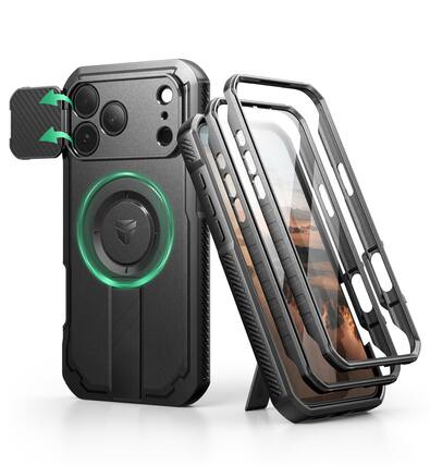 Front. dexnor - Dexnor iPhone 17 Pro Max Case: 2 Front Frames, Flip Cam Cover, Kickstand, Mag,Screen Protector, 6.9in Black - Black.