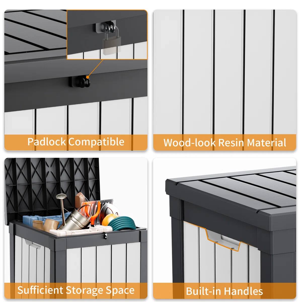 - Padlock Compatible
- Wood-look Resin Material
- Sufficient Storage Space
- Built-in Handles